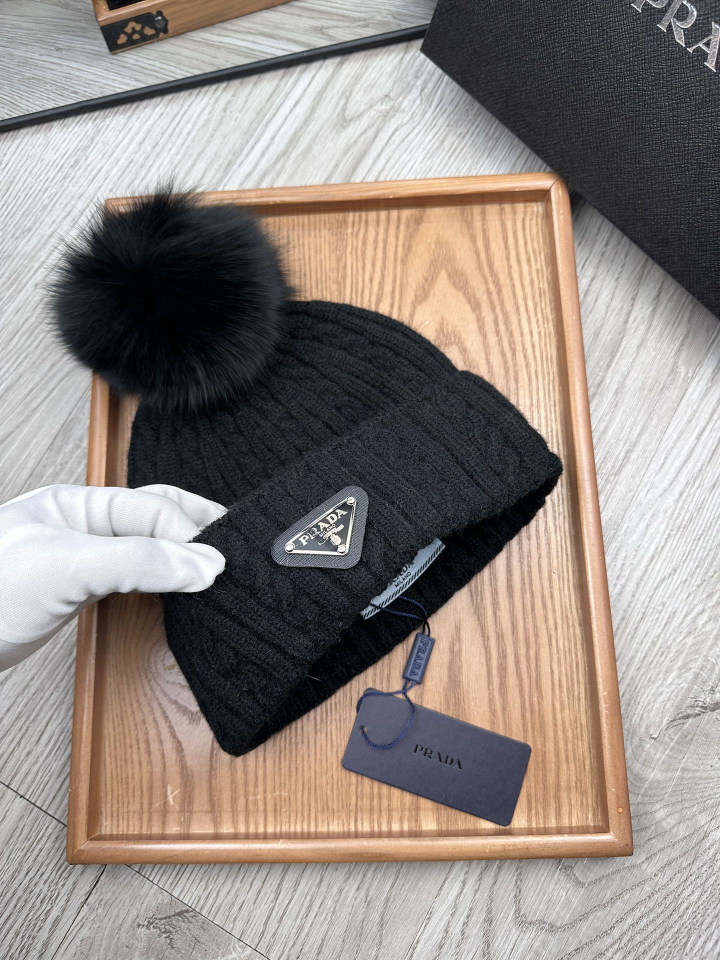 PRADA BEANIE HAT IN BLACK WOOL 352368