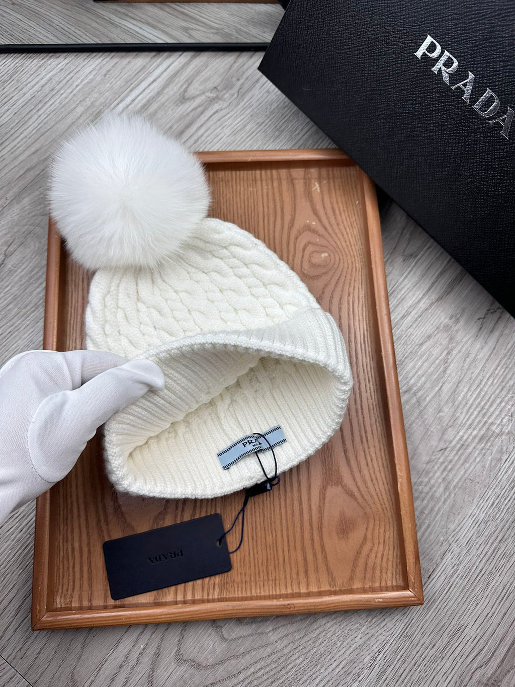 PRADA BEANIE HAT IN WHITE WOOL 352376