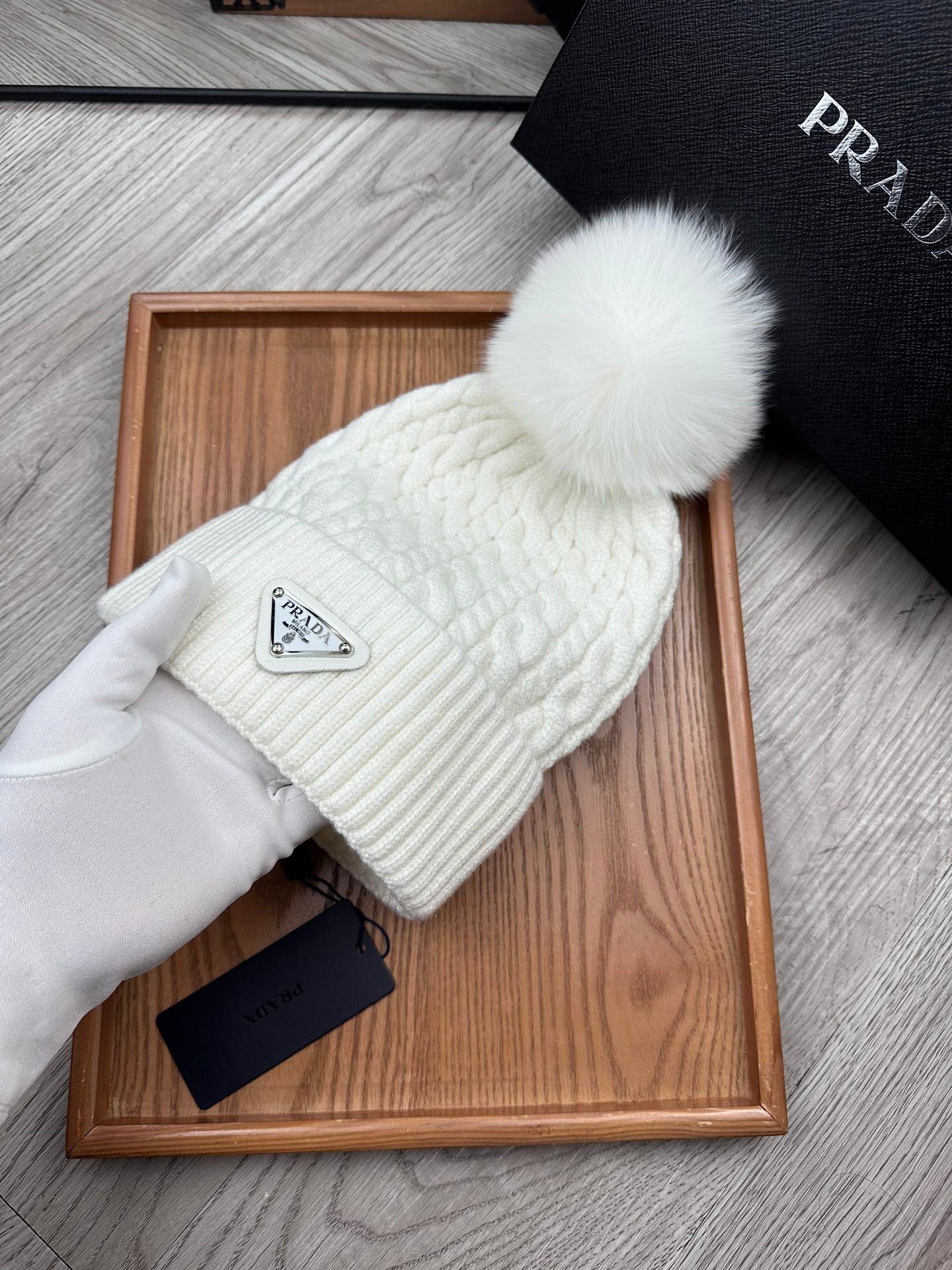 PRADA BEANIE HAT IN WHITE WOOL 352376