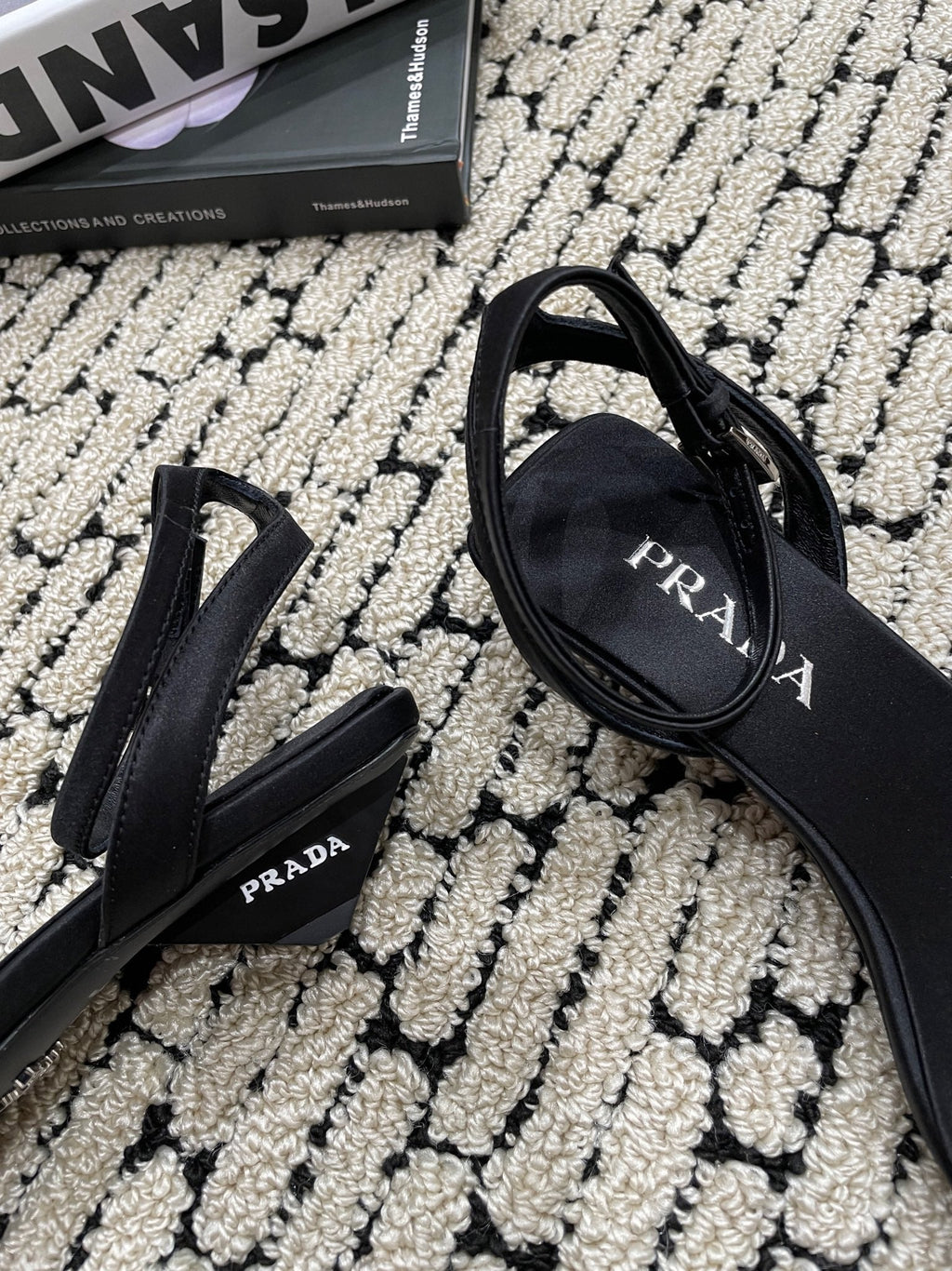 PRADA TRIANGLE HEEL SATIN SANLS BLACK