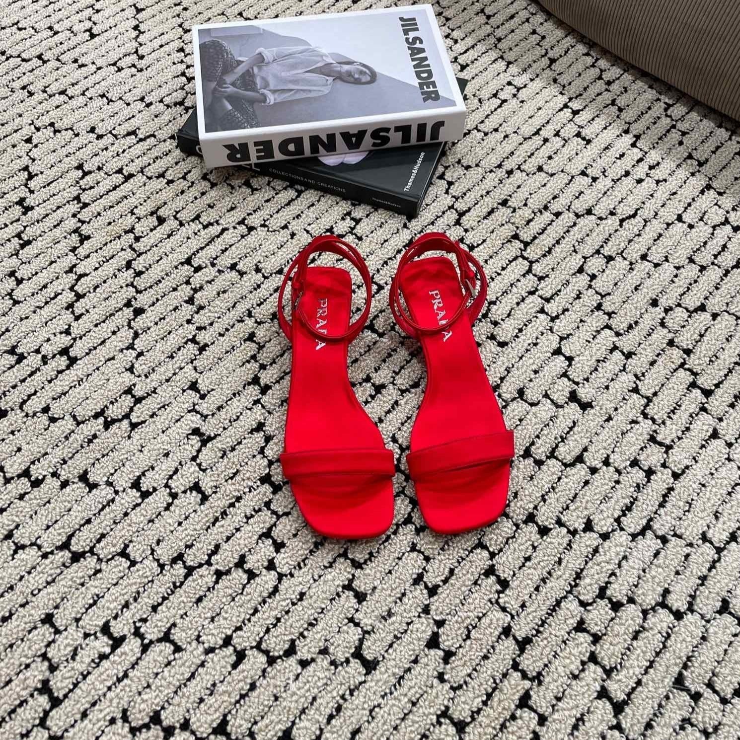 PRADA TRIANGLE HEEL SATIN SANLS CRIMSON