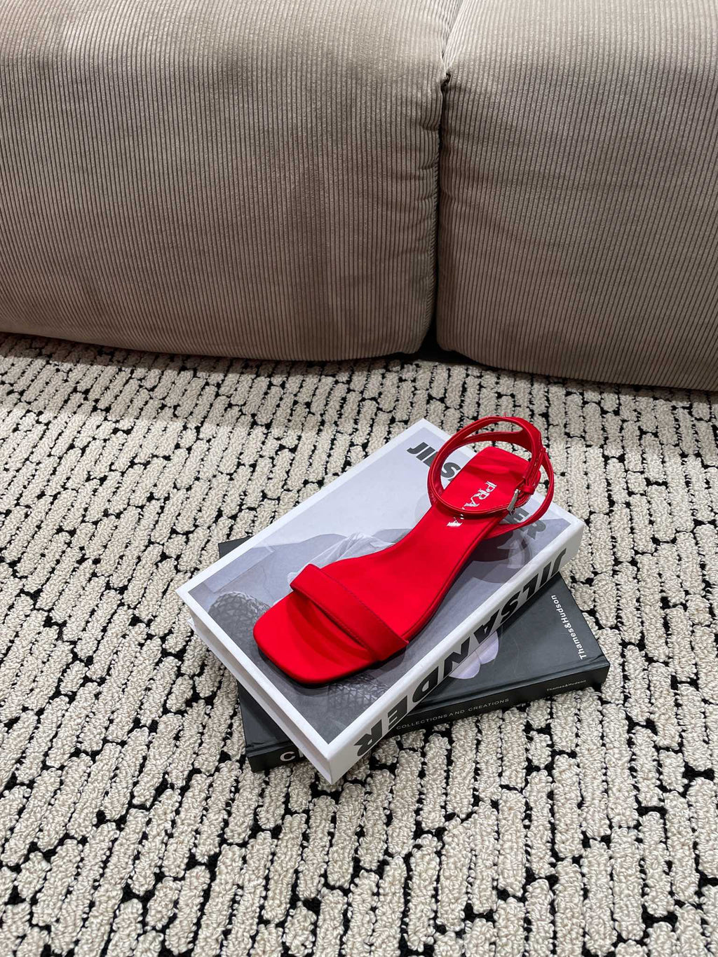 PRADA TRIANGLE HEEL SATIN SANLS CRIMSON