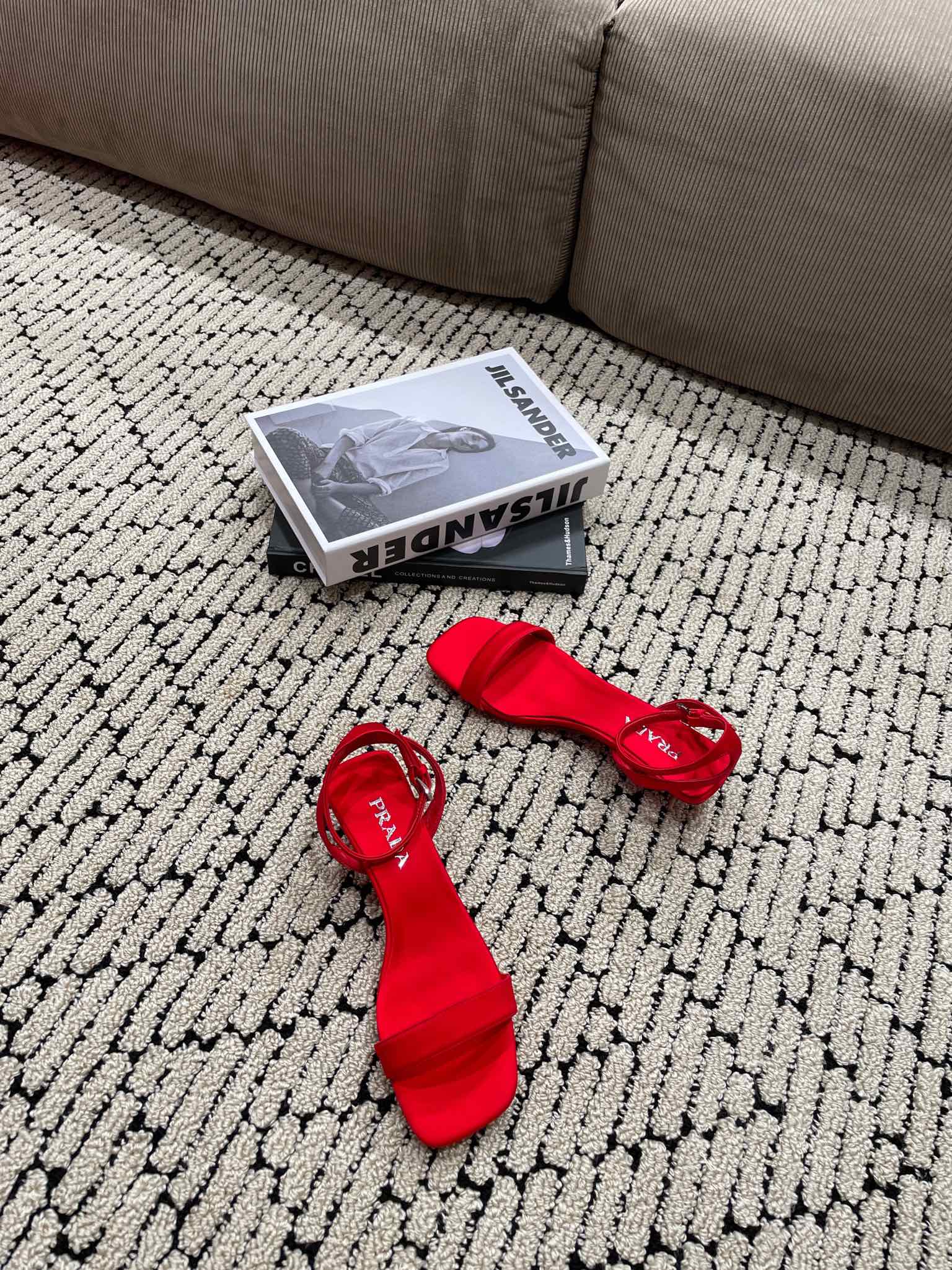 PRADA TRIANGLE HEEL SATIN SANLS CRIMSON