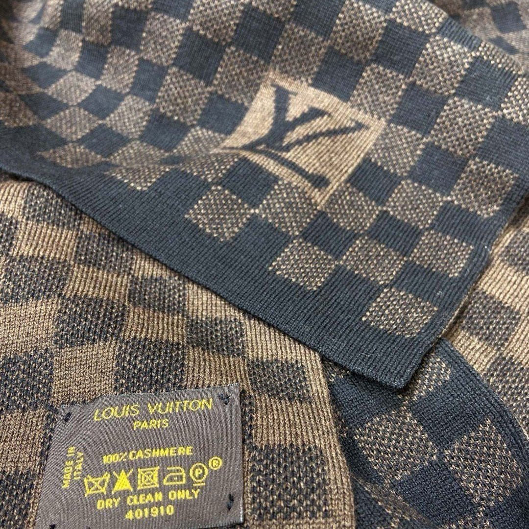 LOUIS VUITTON PETIT DAMIER SCARF 170 CM IN CHOCOLATE BROWN MIX BLACK CASHMERE 390783