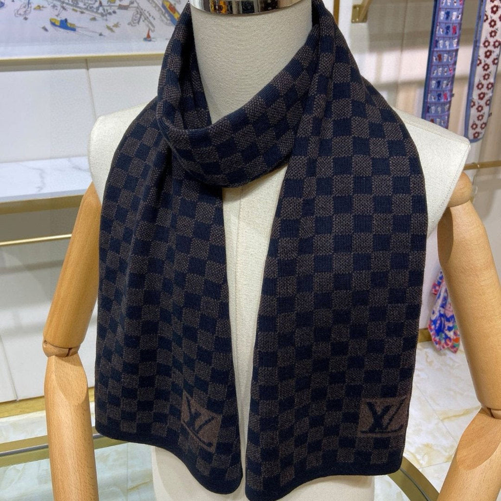 LOUIS VUITTON PETIT DAMIER SCARF 170 CM IN CHOCOLATE BROWN MIX BLACK CASHMERE 390783