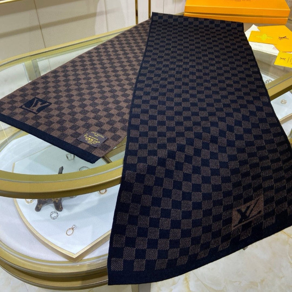 LOUIS VUITTON PETIT DAMIER SCARF 170 CM IN CHOCOLATE BROWN MIX BLACK CASHMERE 390783