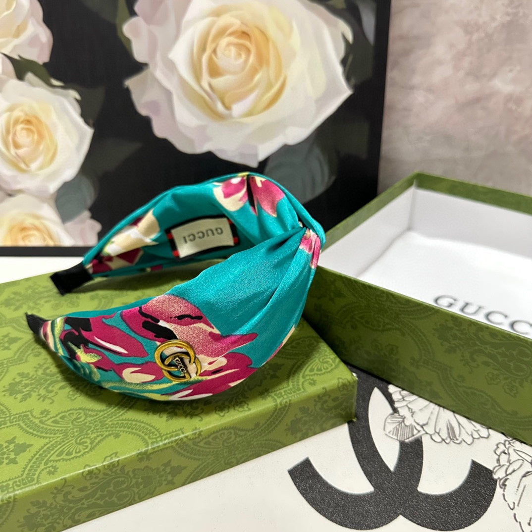 GUCCI HAIRBAND IN TURQUOISE GREEN FLORAL SILK 252676