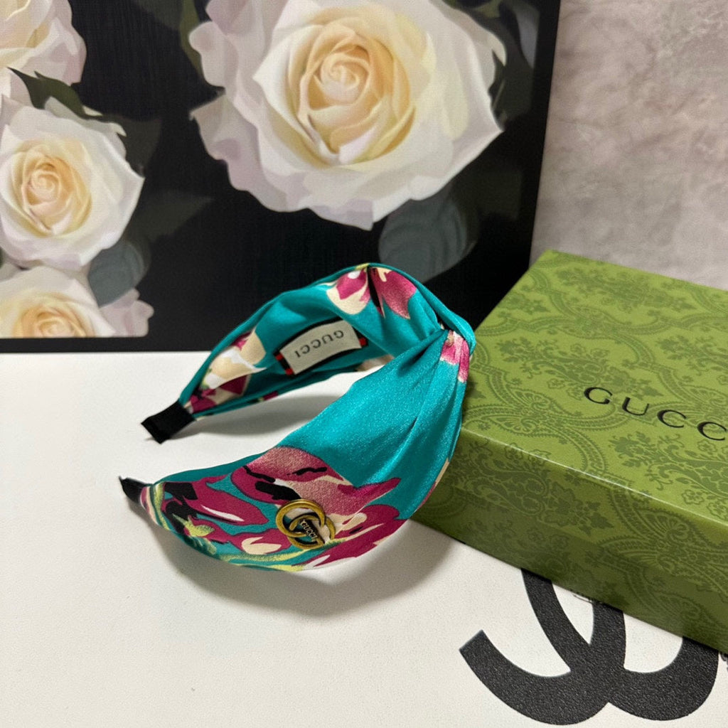 GUCCI HAIRBAND IN TURQUOISE GREEN FLORAL SILK 252676
