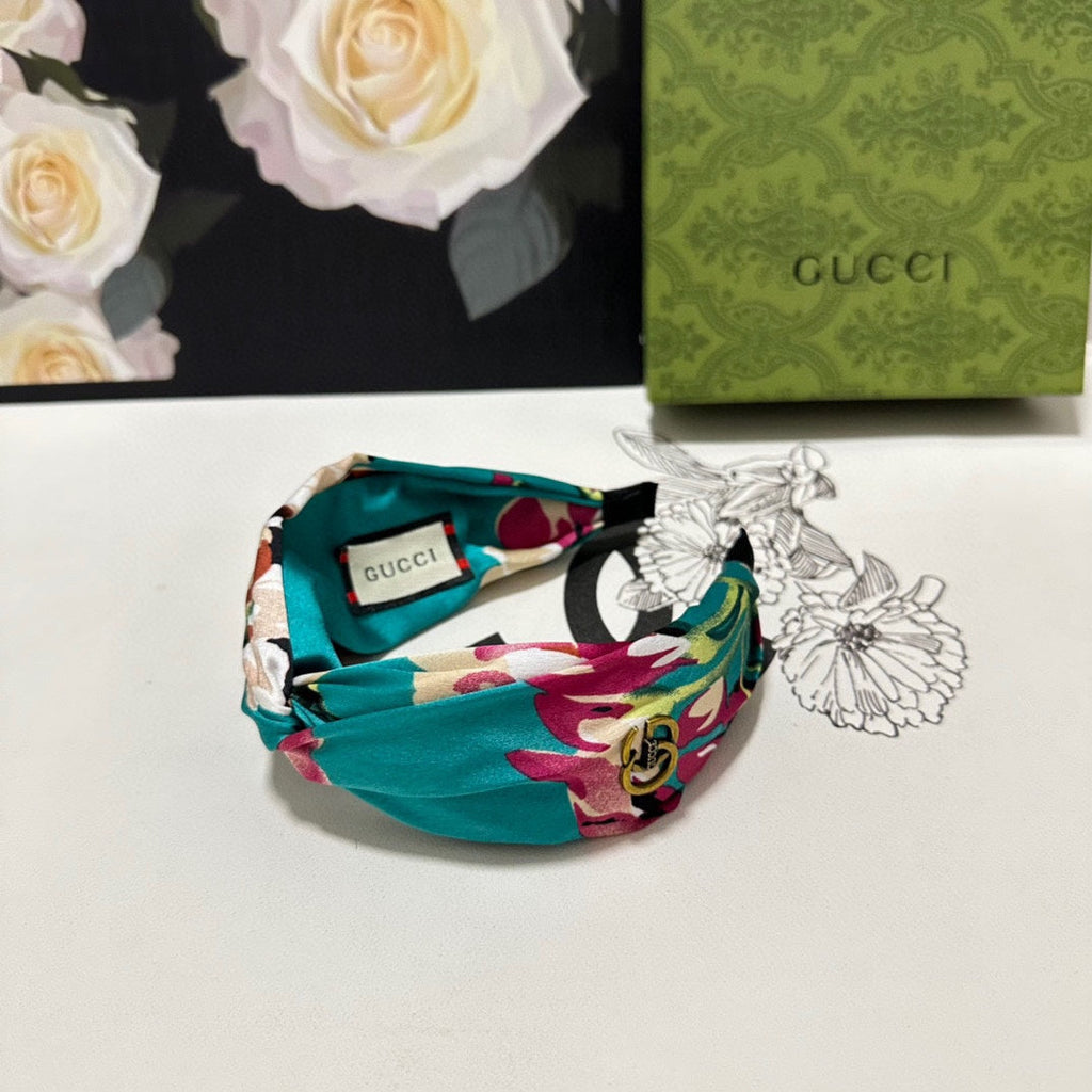 GUCCI HAIRBAND IN TURQUOISE GREEN FLORAL SILK 252676