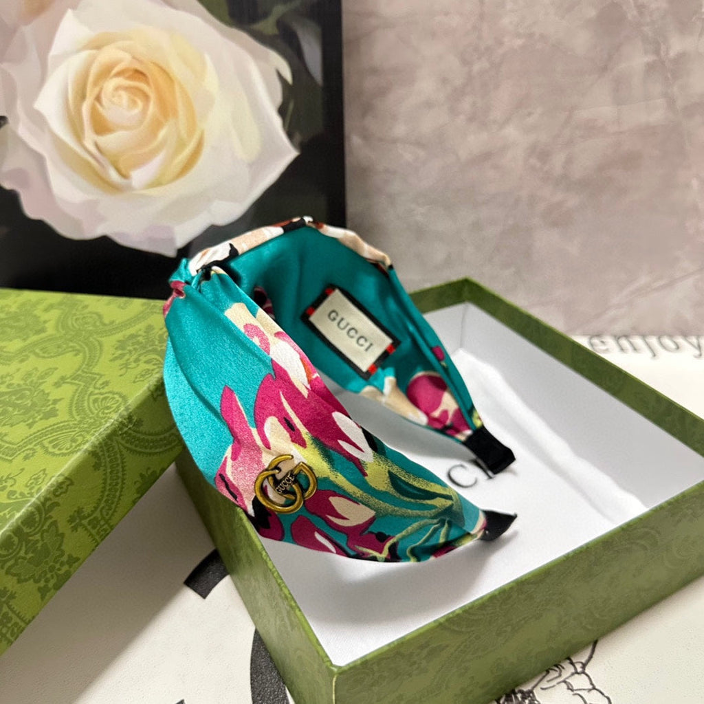 GUCCI HAIRBAND IN TURQUOISE GREEN FLORAL SILK 252676
