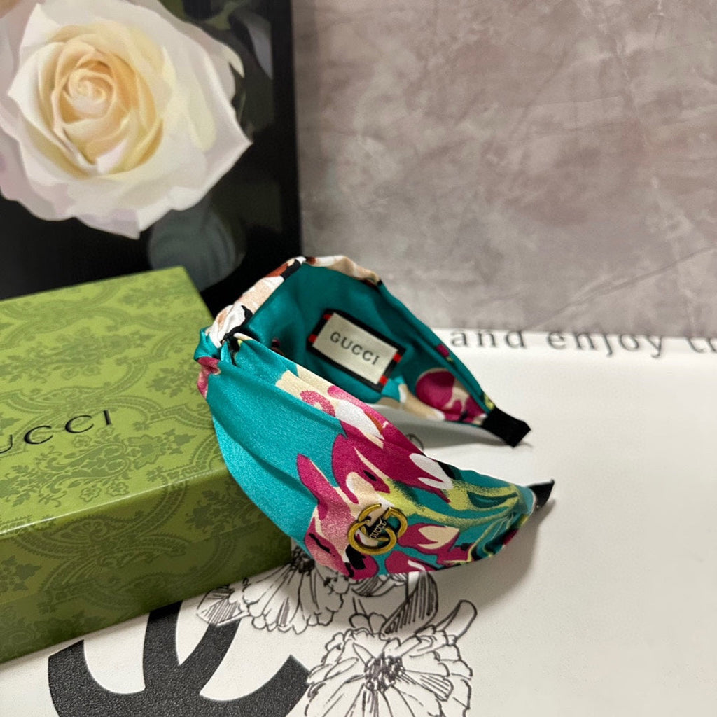 GUCCI HAIRBAND IN TURQUOISE GREEN FLORAL SILK 252676