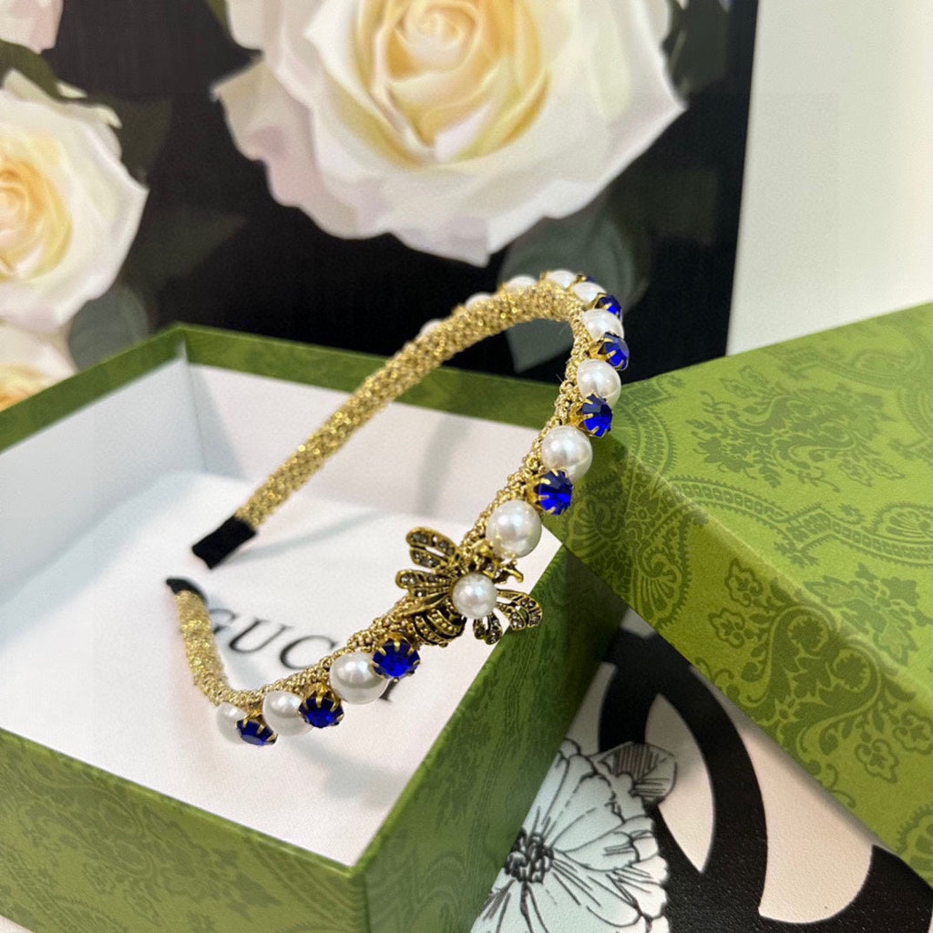 GUCCI HAIRBAND EMBELLISHED DIAMOND AND PEARL IN GOLD METAL 376822