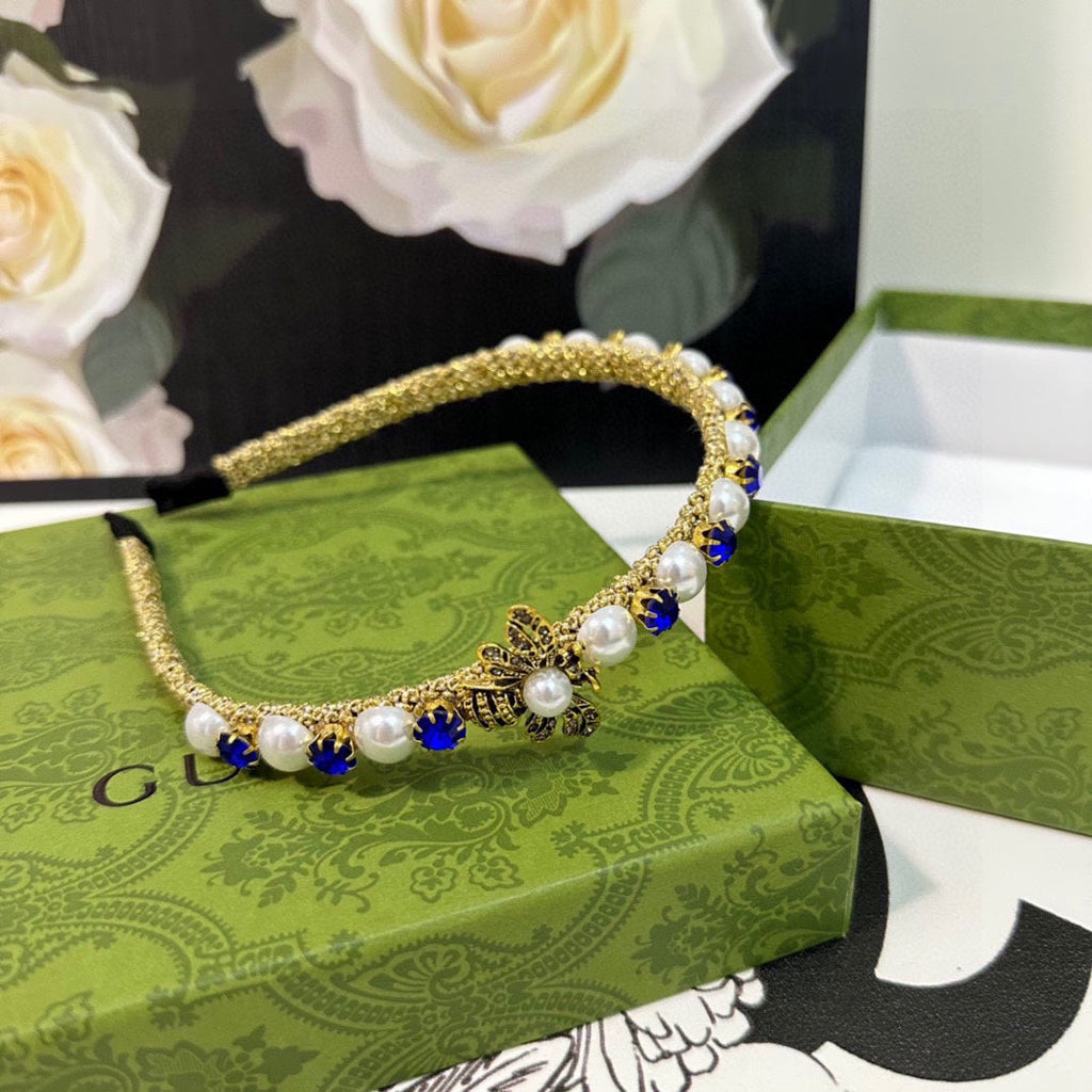 GUCCI HAIRBAND EMBELLISHED DIAMOND AND PEARL IN GOLD METAL 376822
