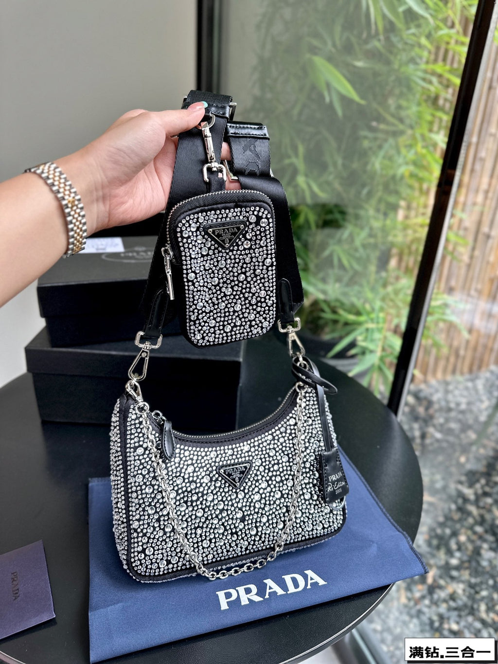 PRADA 22 SATIN MINI-BAG WITH FULLY RHINSTONES
