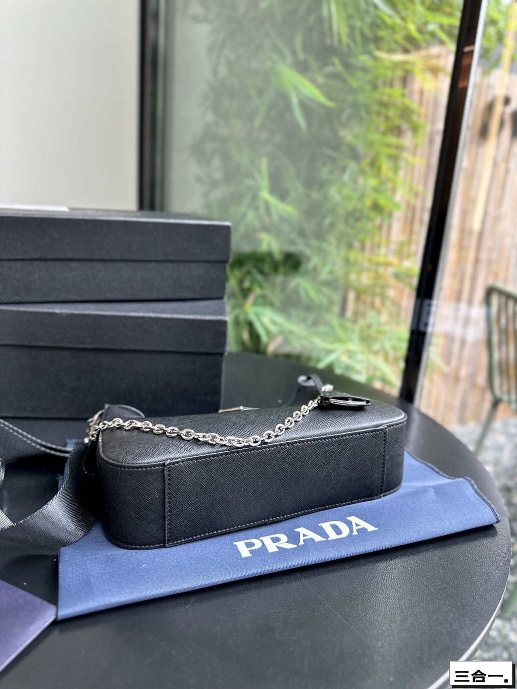 PRADA 22 BAG IN BLACK SATIN WITH RHINSTONE SILVER HARDWARE