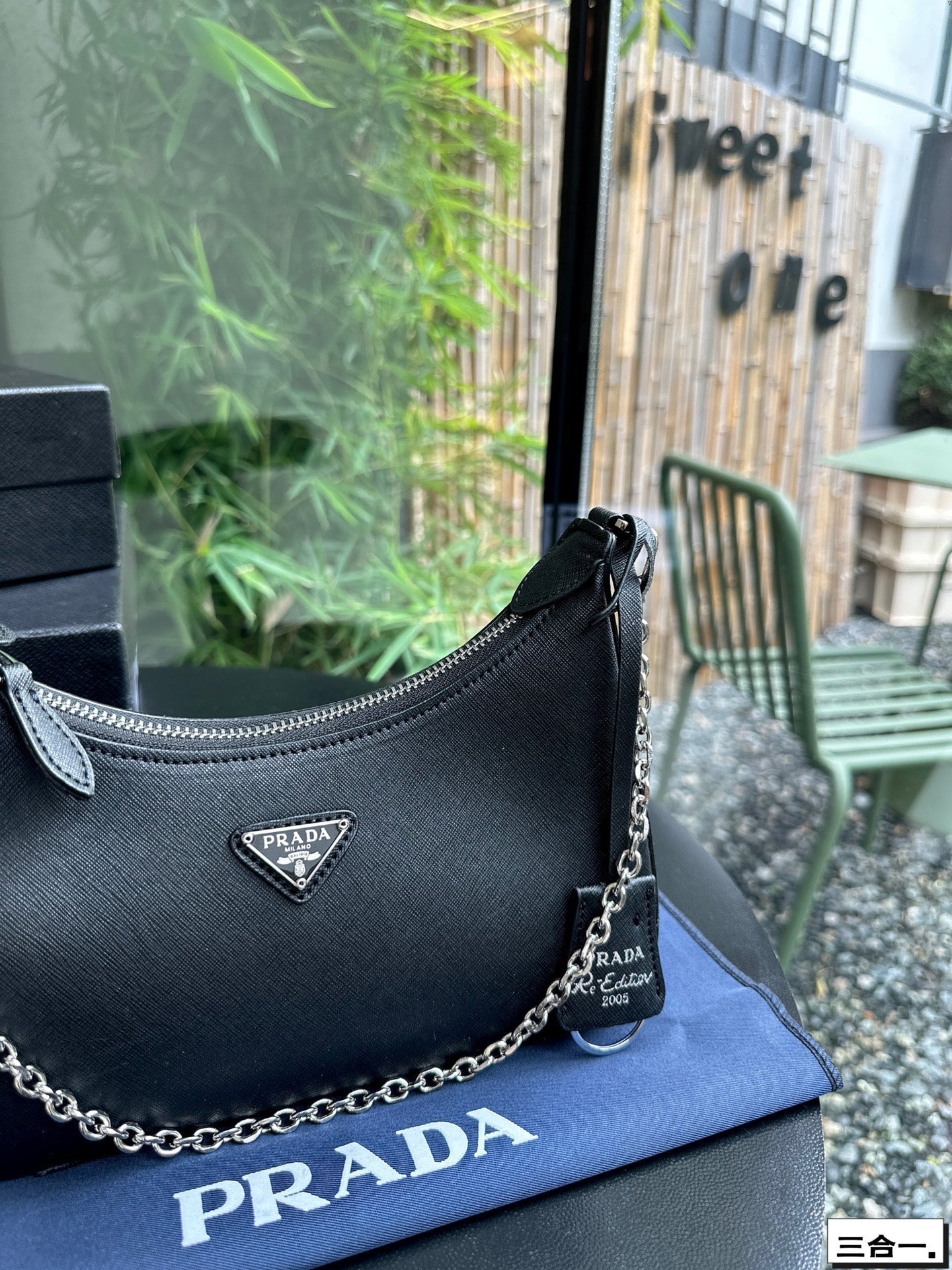 PRADA 22 BAG IN BLACK SATIN WITH RHINSTONE SILVER HARDWARE