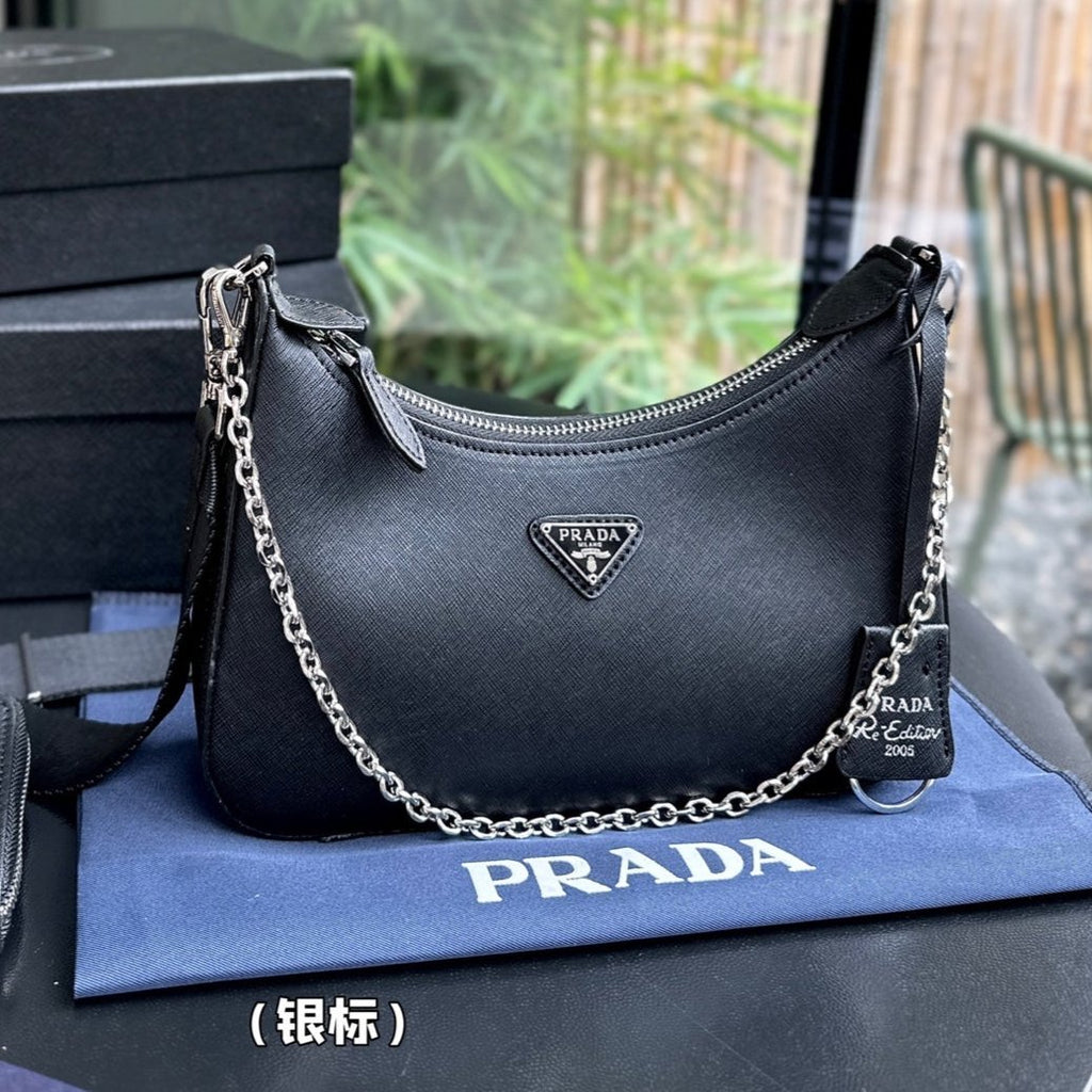 PRADA 22 BAG IN BLACK SATIN WITH RHINSTONE SILVER HARDWARE