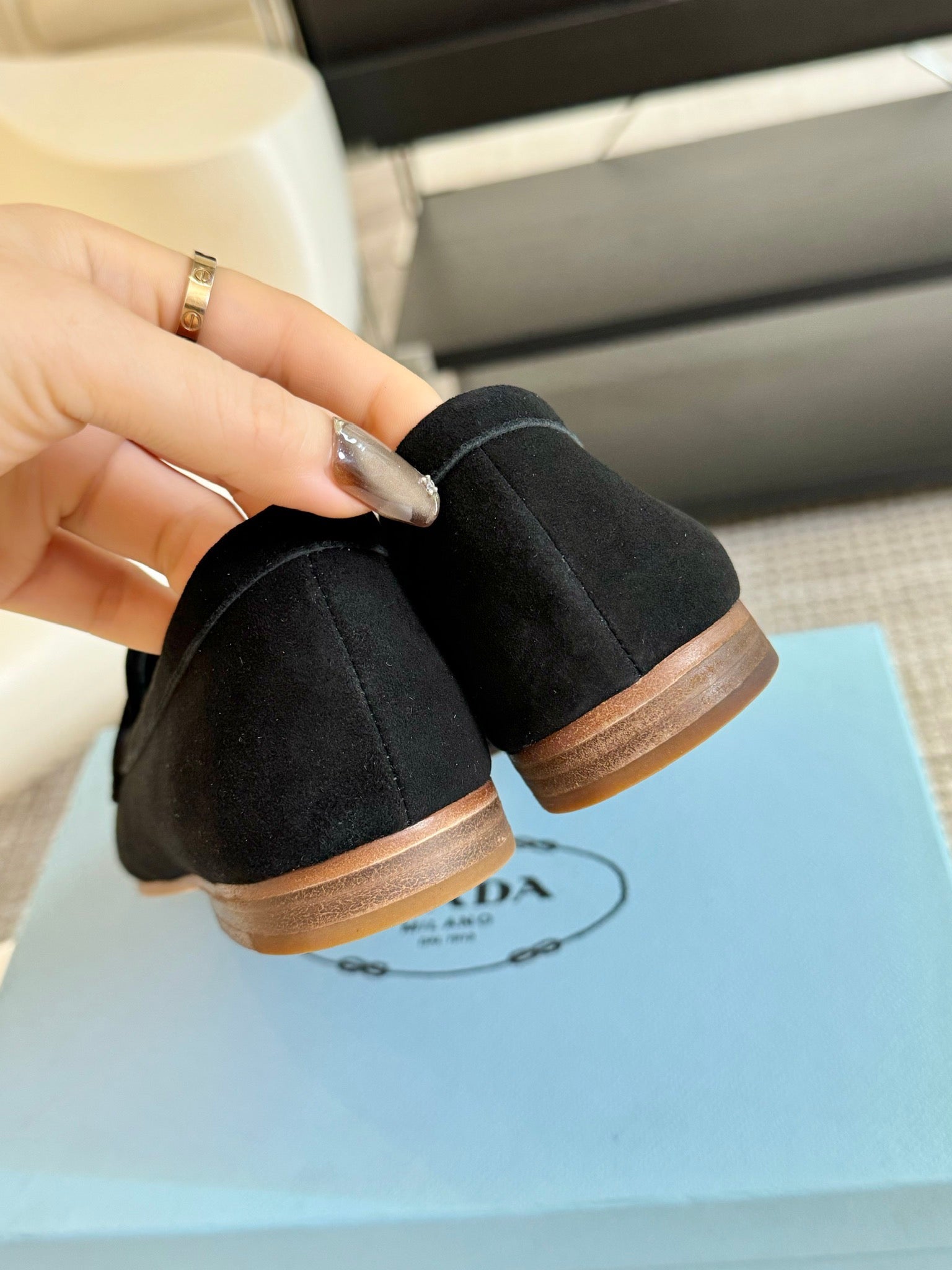 PRADA SUEDE LOAFERS PITCH BLACK CALFSKIN