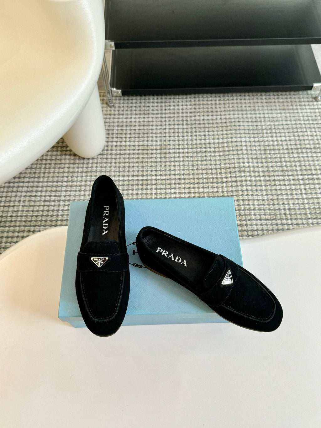 PRADA SUEDE LOAFERS PITCH BLACK CALFSKIN