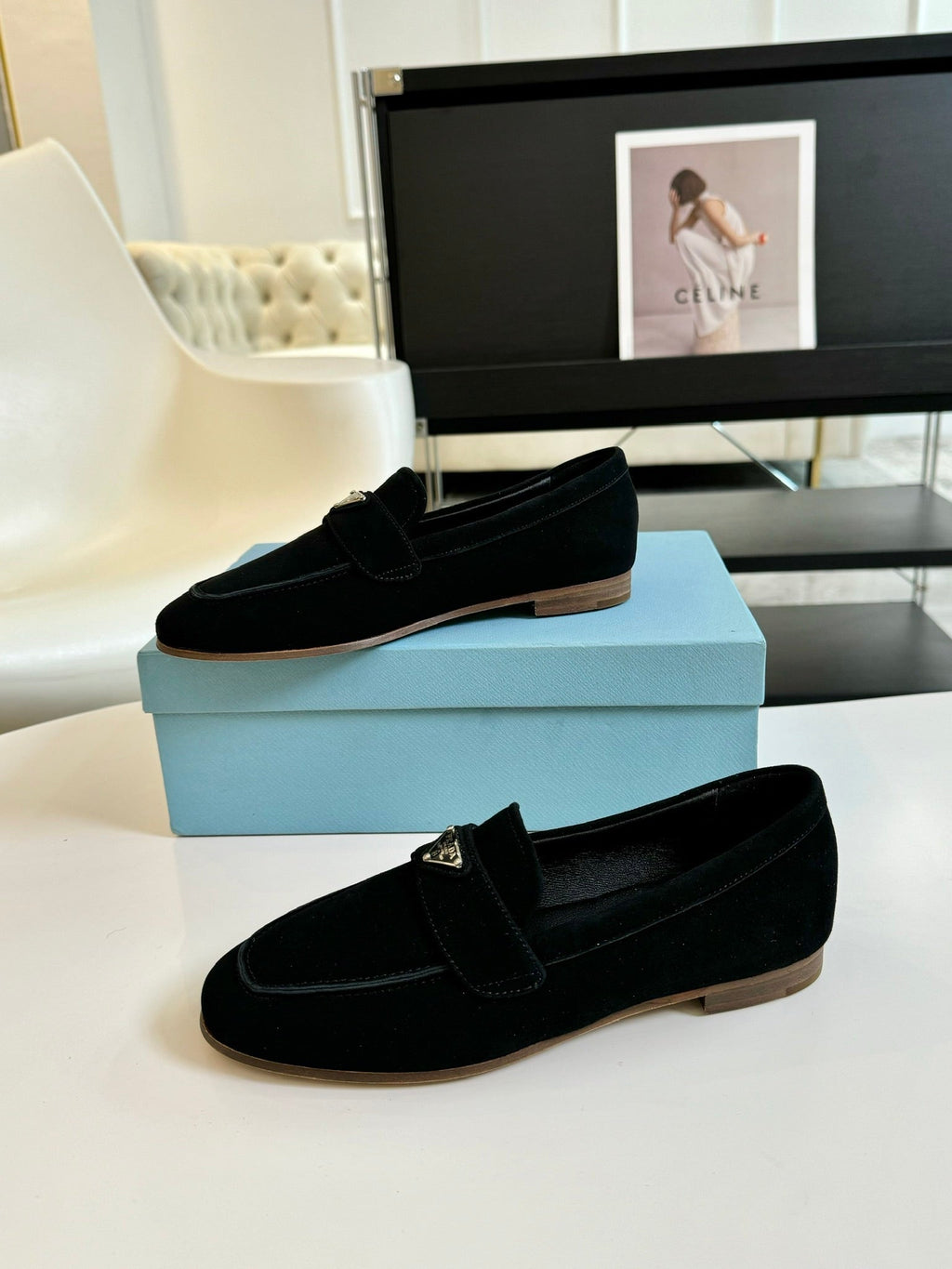 PRADA SUEDE LOAFERS PITCH BLACK CALFSKIN