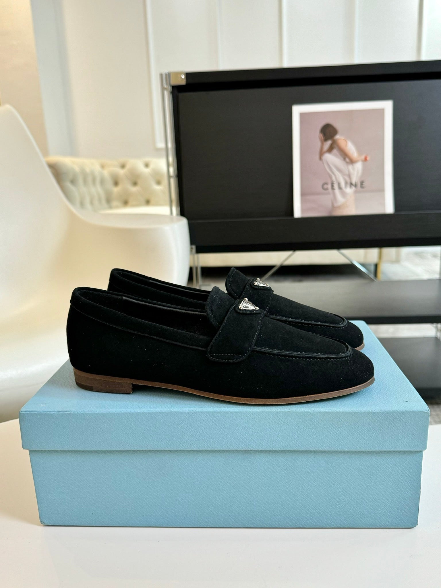 PRADA SUEDE LOAFERS PITCH BLACK CALFSKIN