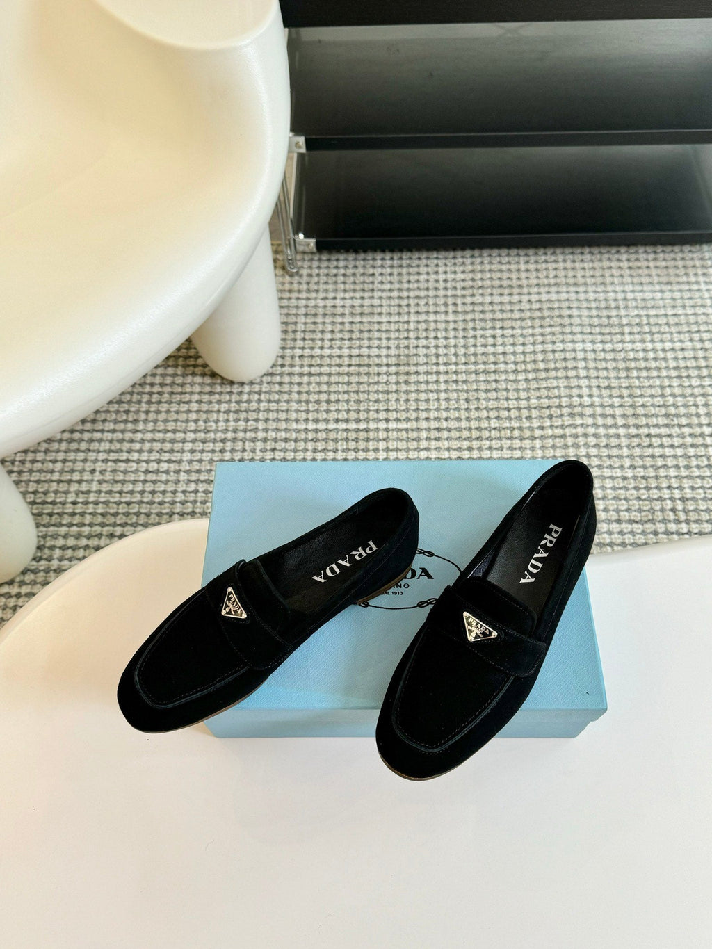 PRADA SUEDE LOAFERS PITCH BLACK CALFSKIN