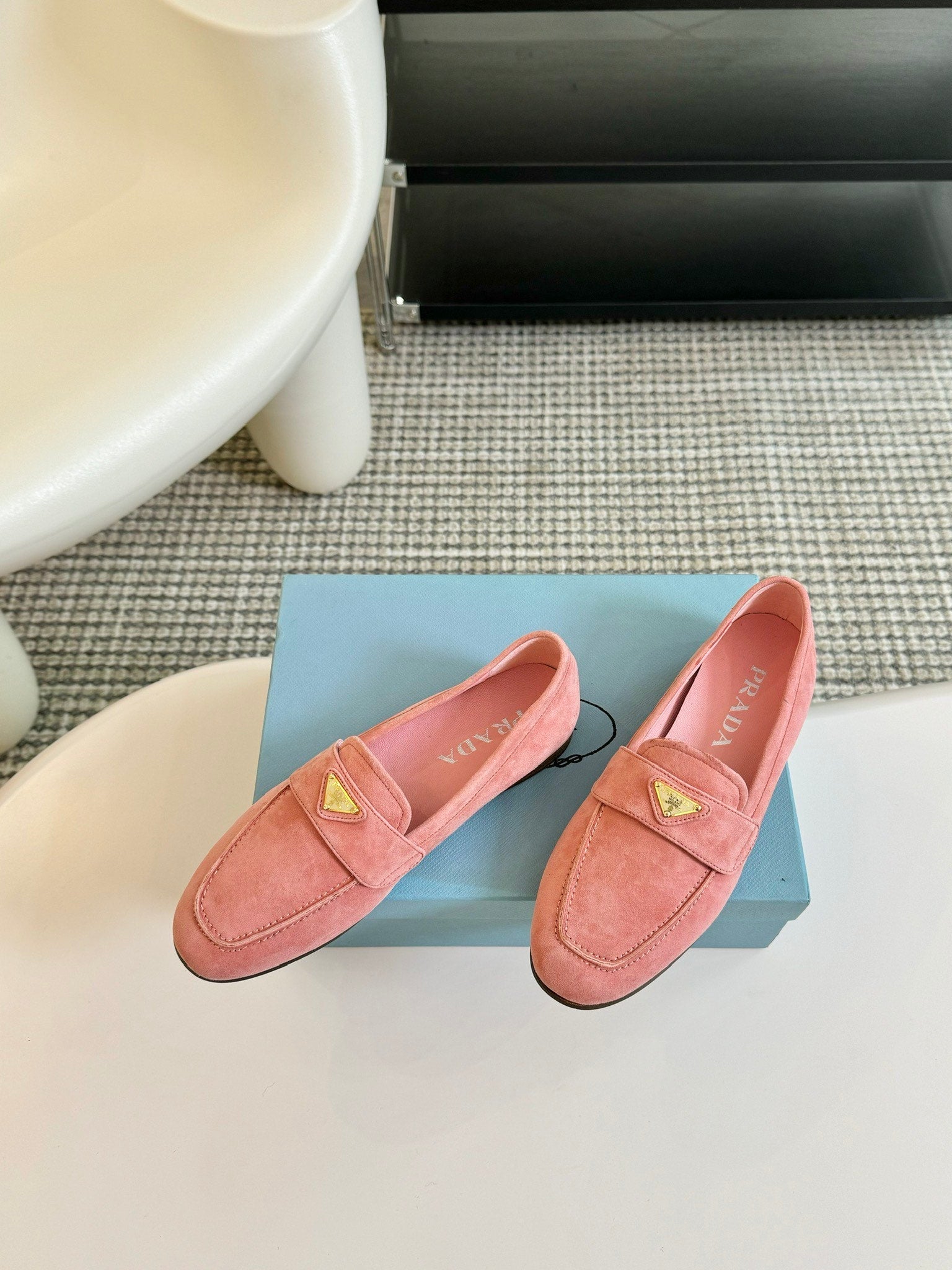 PRADA SUEDE LOAFERS ROSE CALFSKIN