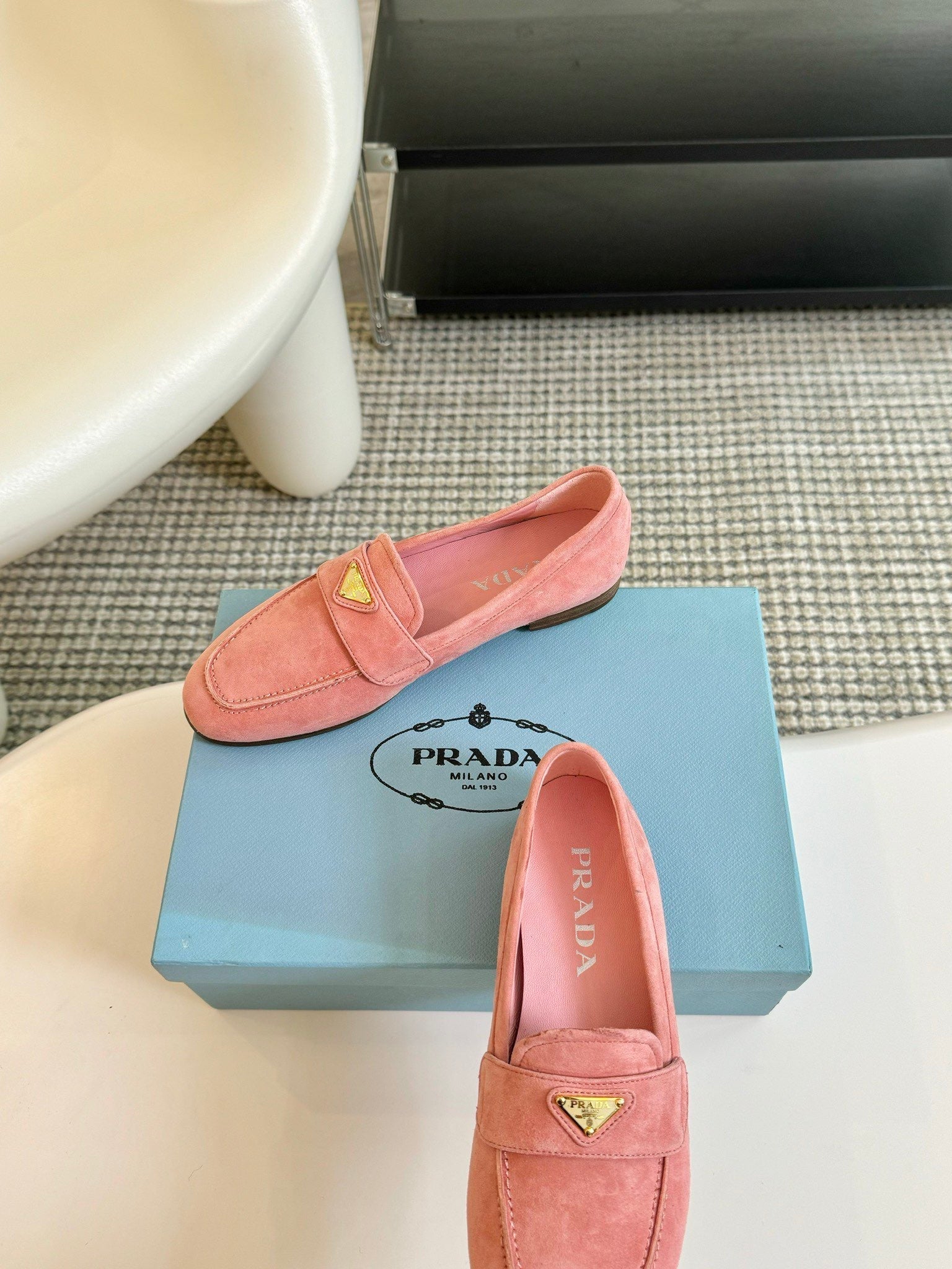 PRADA SUEDE LOAFERS ROSE CALFSKIN