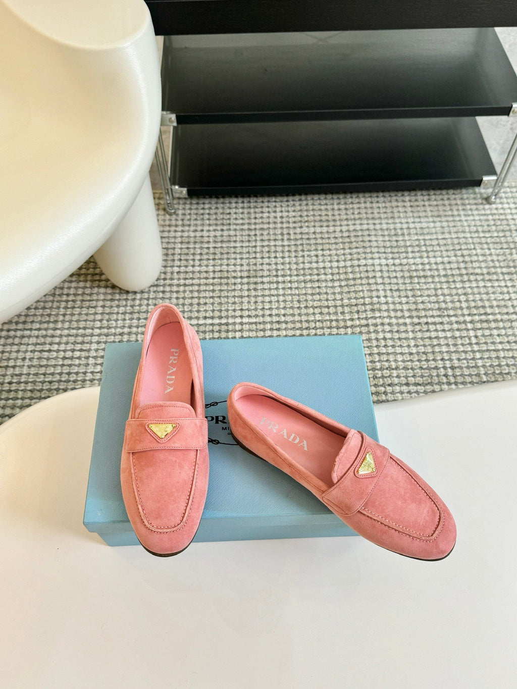 PRADA SUEDE LOAFERS ROSE CALFSKIN