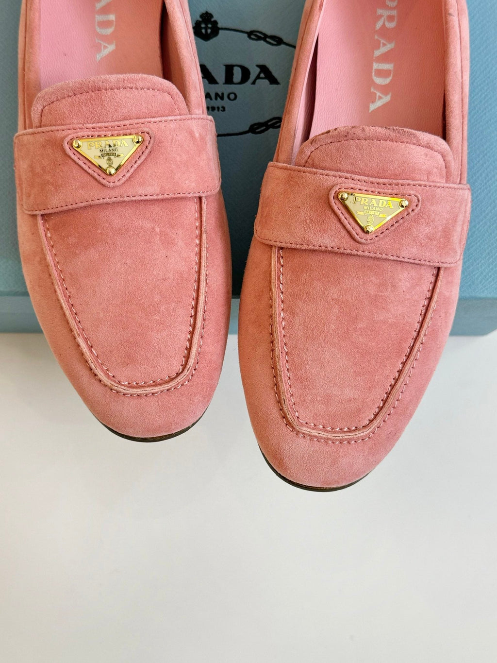 PRADA SUEDE LOAFERS ROSE CALFSKIN