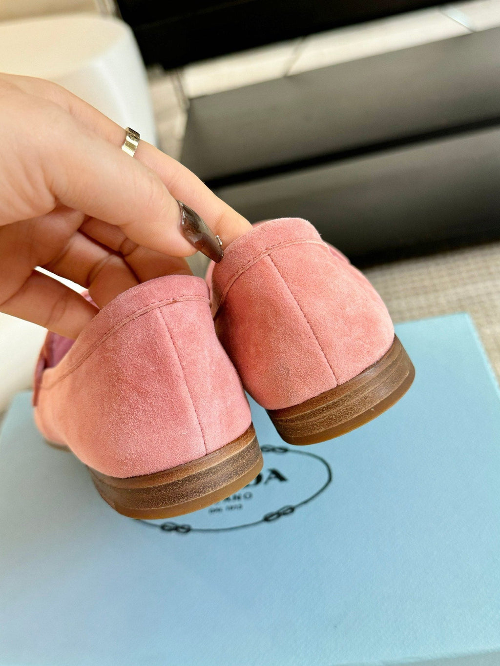 PRADA SUEDE LOAFERS ROSE CALFSKIN