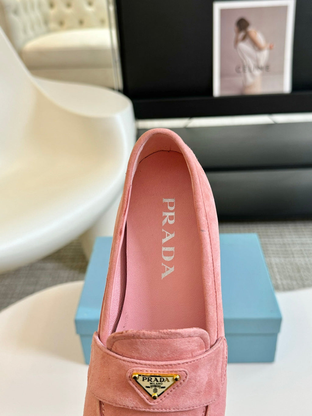 PRADA SUEDE LOAFERS ROSE CALFSKIN