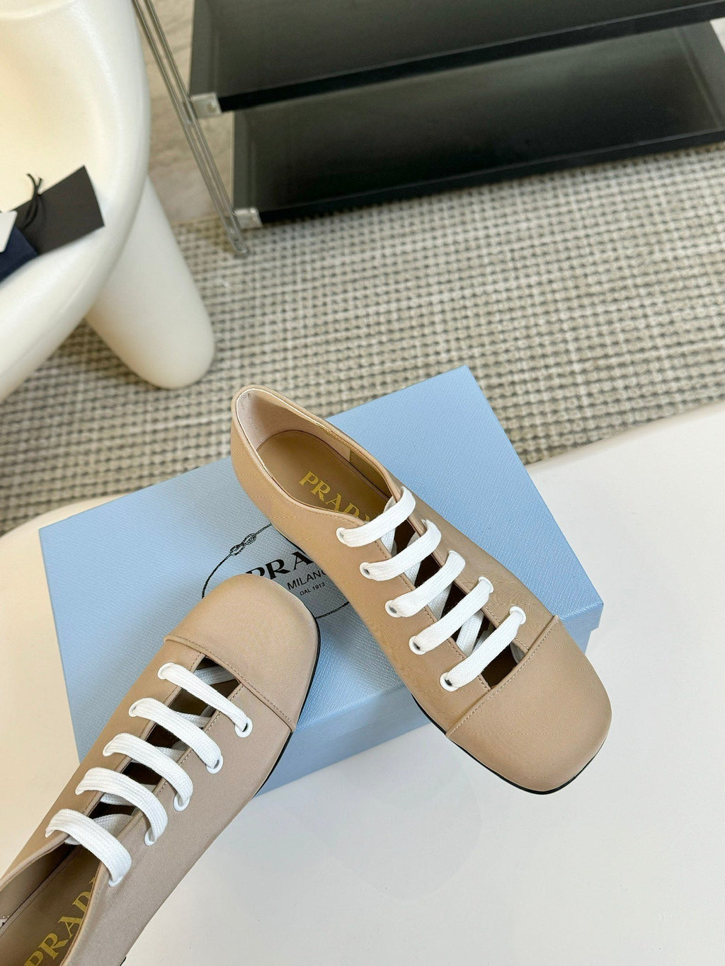 PRADA LACE-UP HIGH SHOES IN BEIGE CANVAS