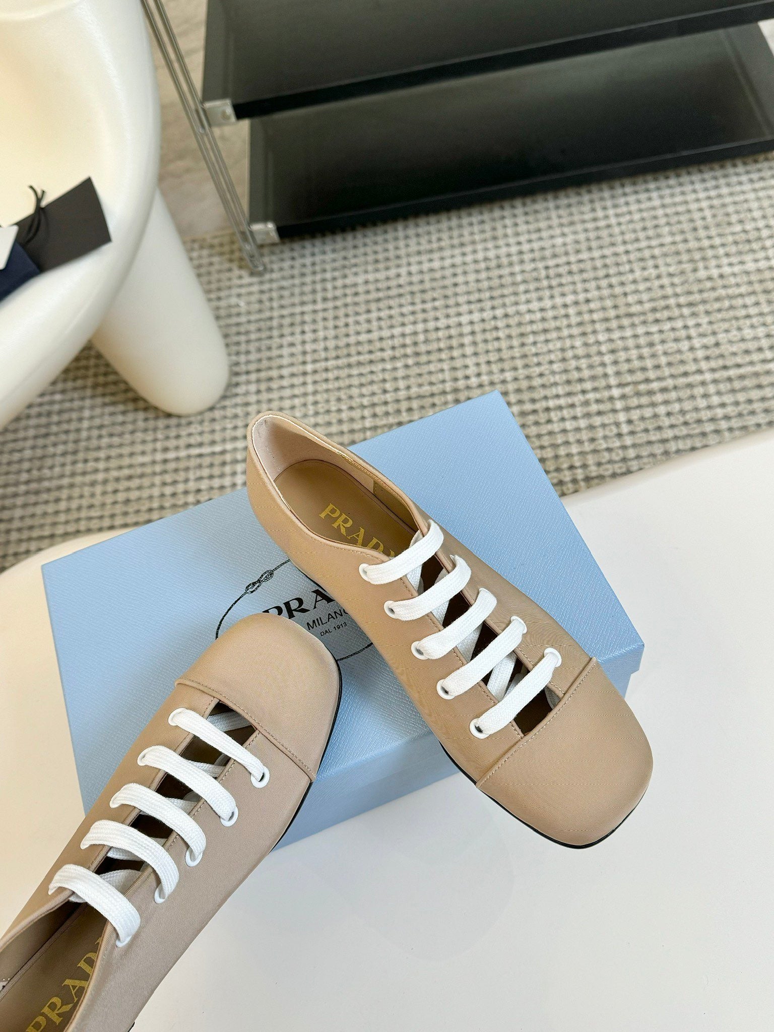 PRADA LACE-UP HIGH SHOES IN BEIGE CANVAS