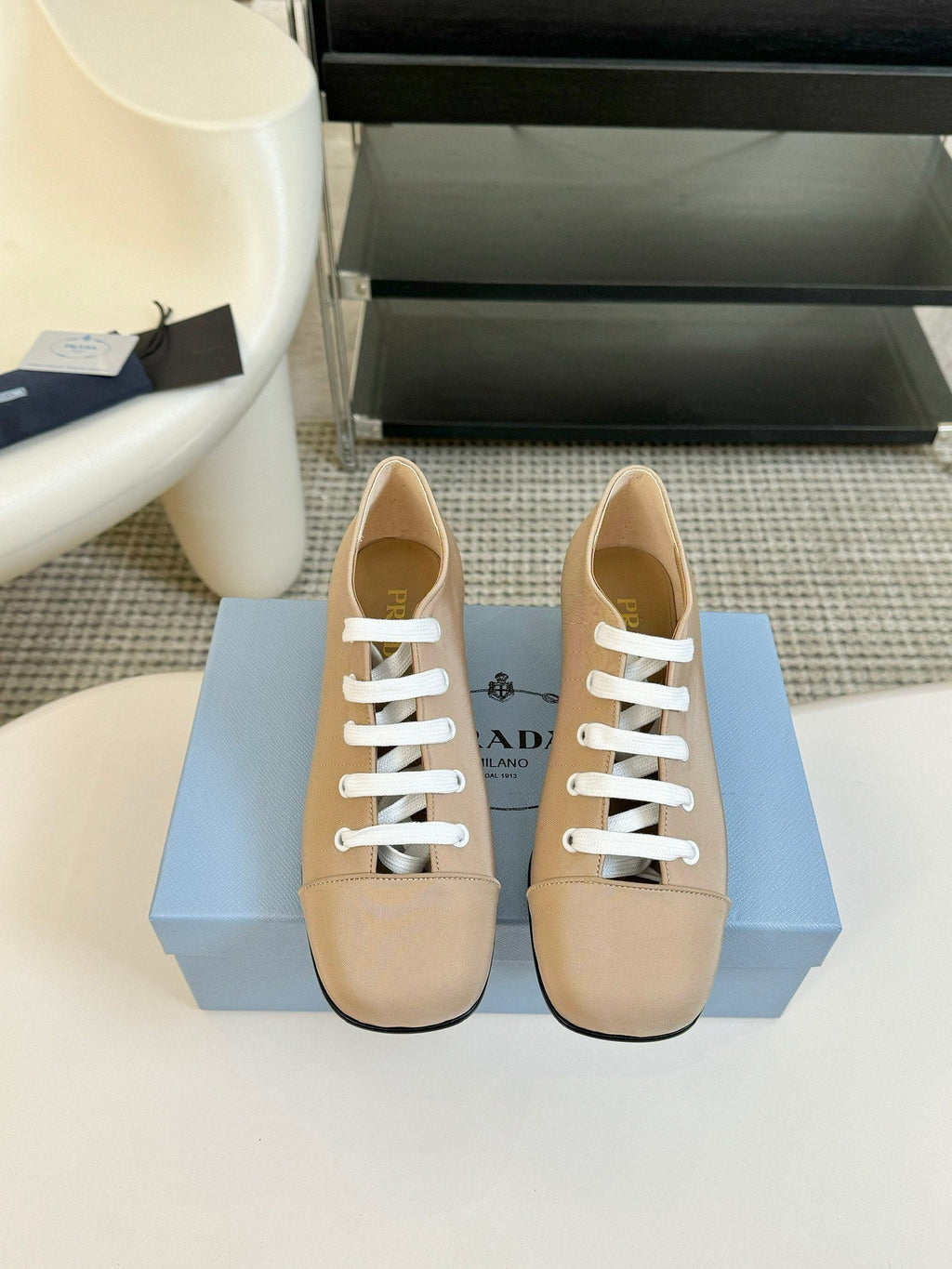 PRADA LACE-UP HIGH SHOES IN BEIGE CANVAS