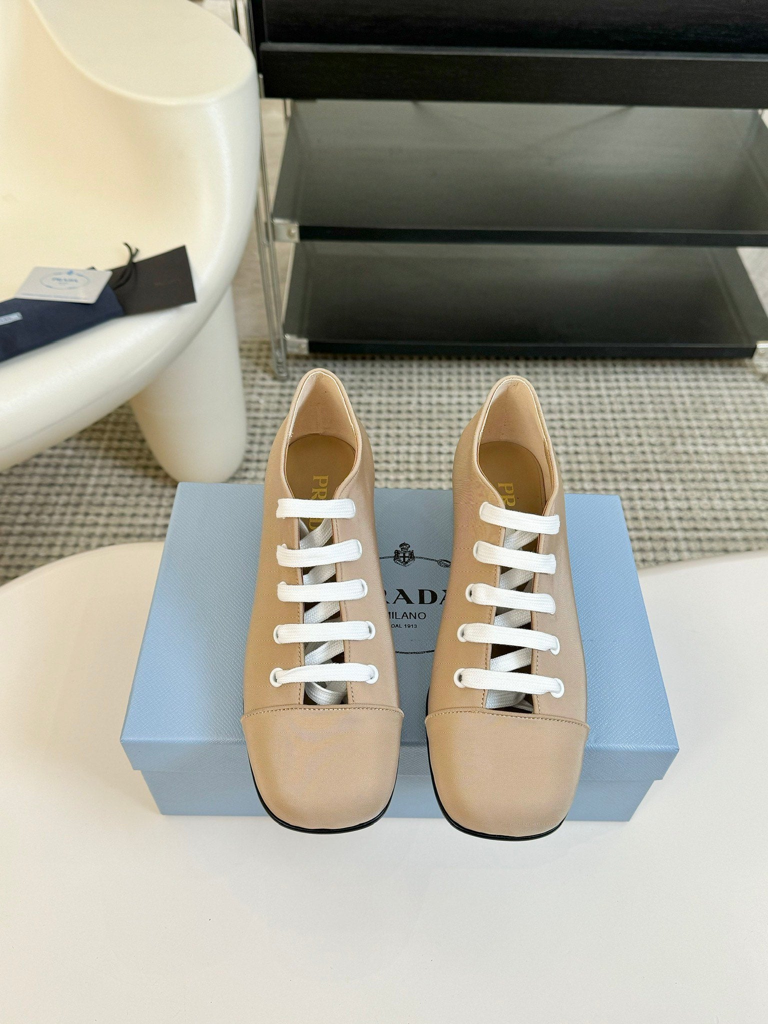 PRADA LACE-UP HIGH SHOES IN BEIGE CANVAS
