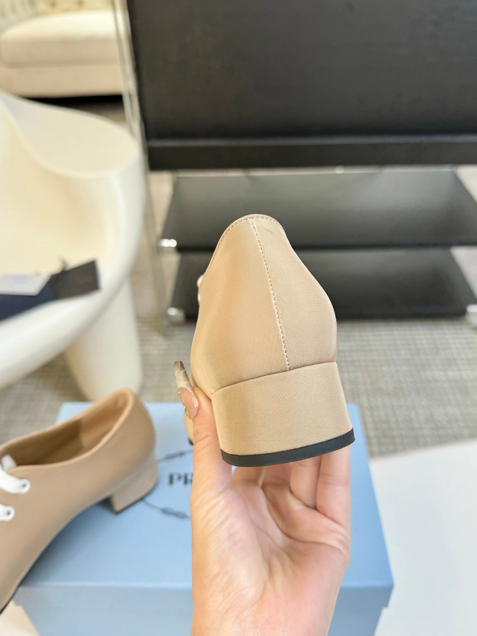 PRADA LACE-UP HIGH SHOES IN BEIGE CANVAS