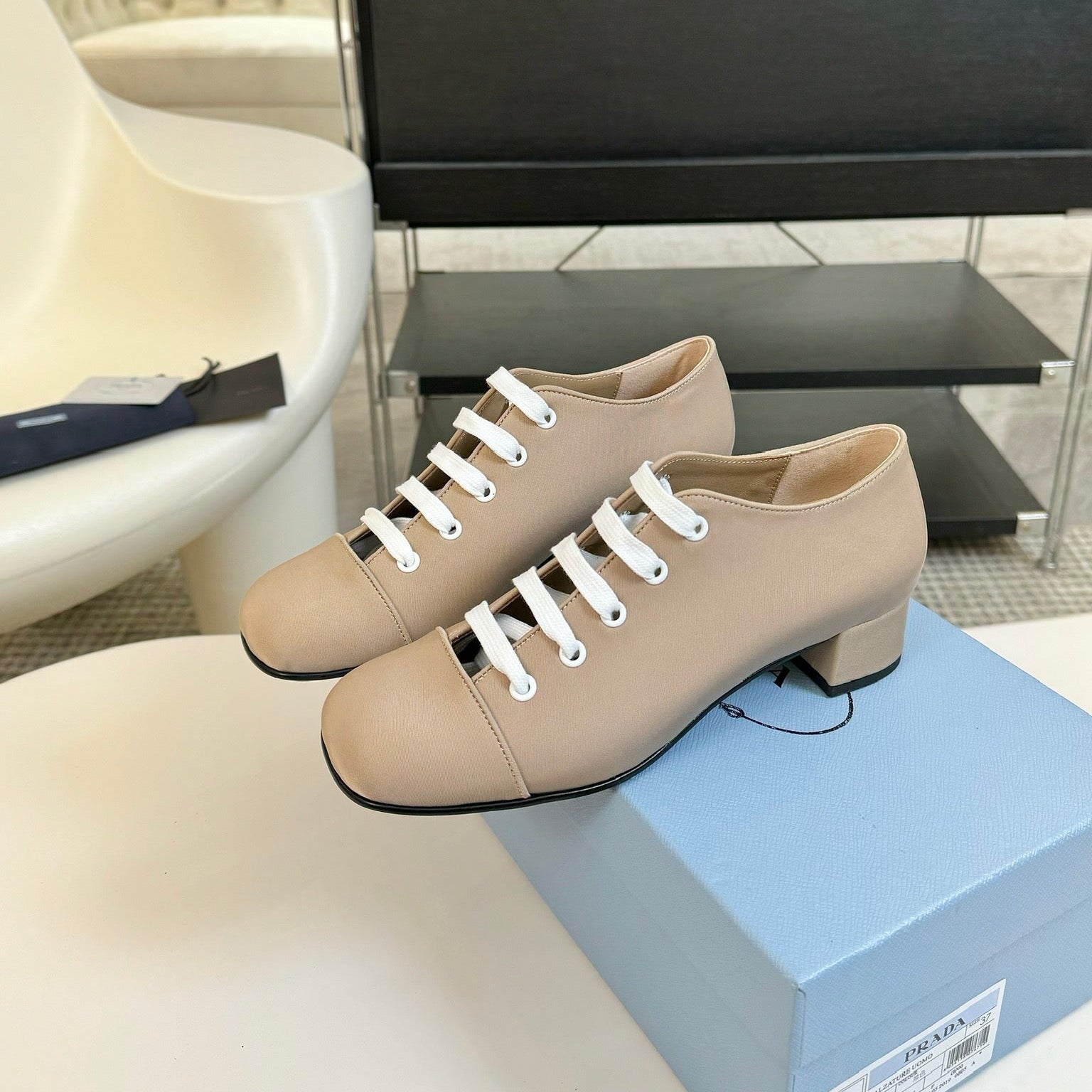 PRADA LACE-UP HIGH SHOES IN BEIGE CANVAS