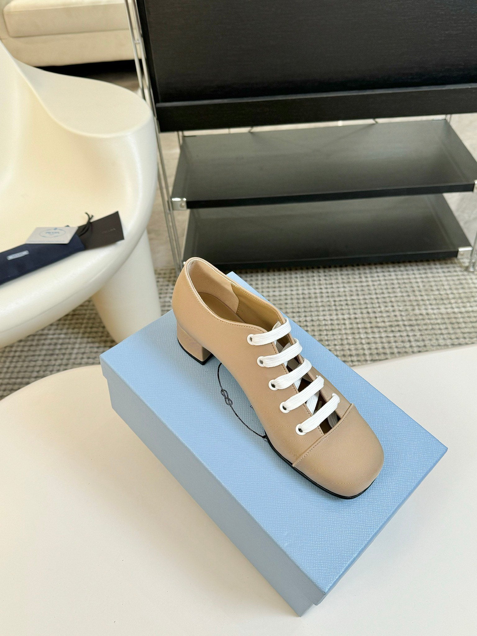 PRADA LACE-UP HIGH SHOES IN BEIGE CANVAS