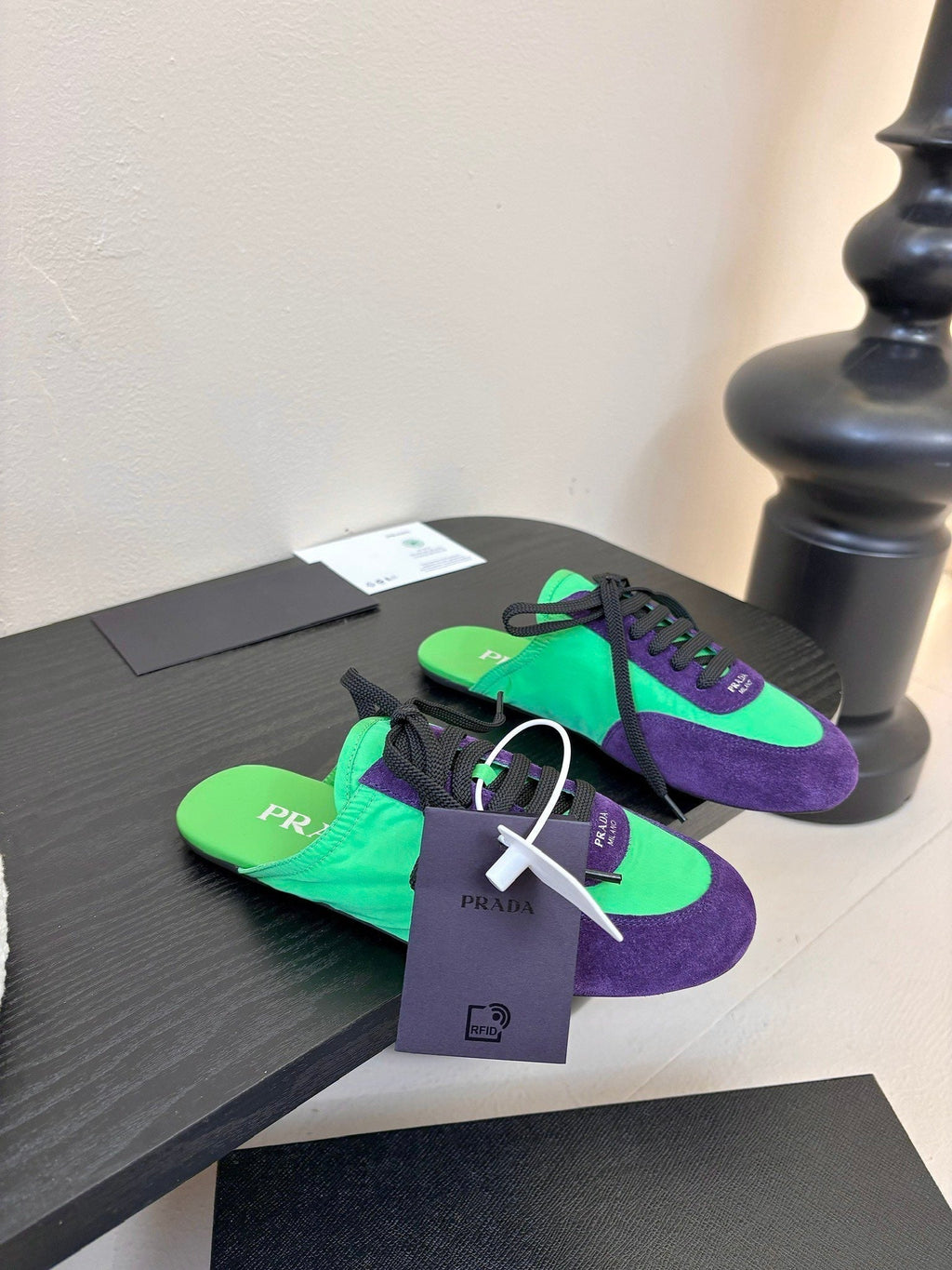 PRADA SNEAKER MULES IN GREEN NYLON AND PURPLE SUEDE