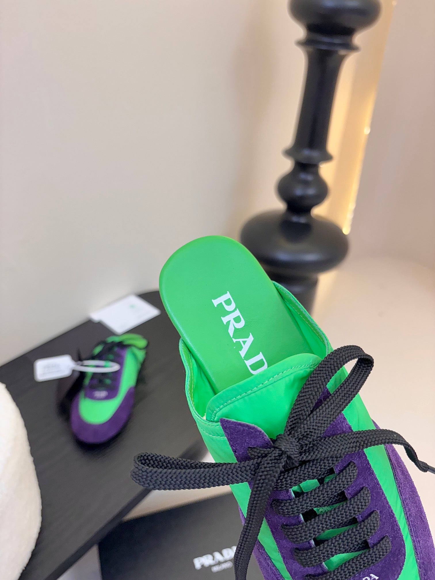 PRADA SNEAKER MULES IN GREEN NYLON AND PURPLE SUEDE
