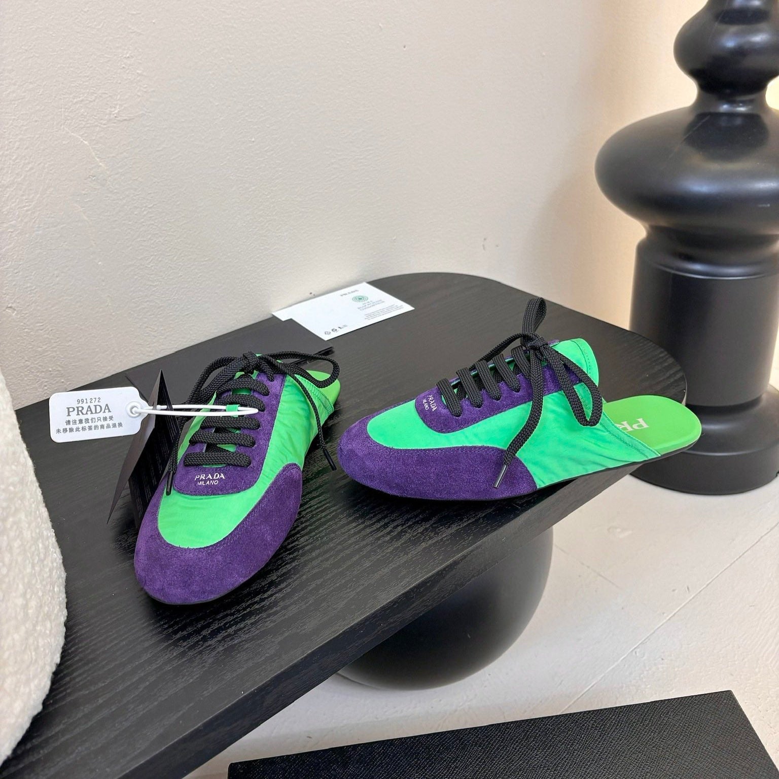 PRADA SNEAKER MULES IN GREEN NYLON AND PURPLE SUEDE