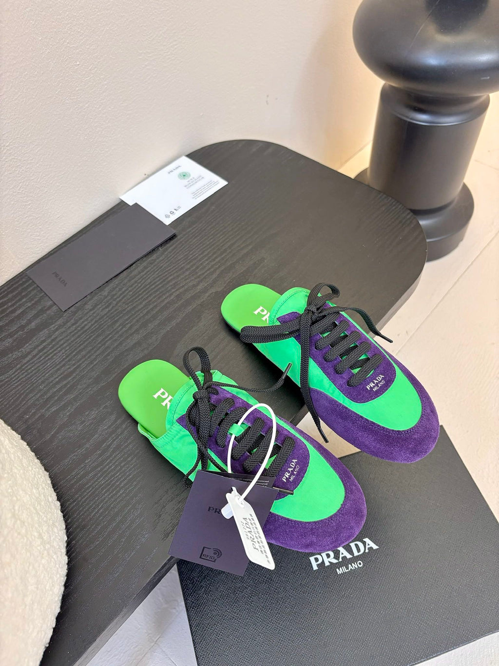 PRADA SNEAKER MULES IN GREEN NYLON AND PURPLE SUEDE