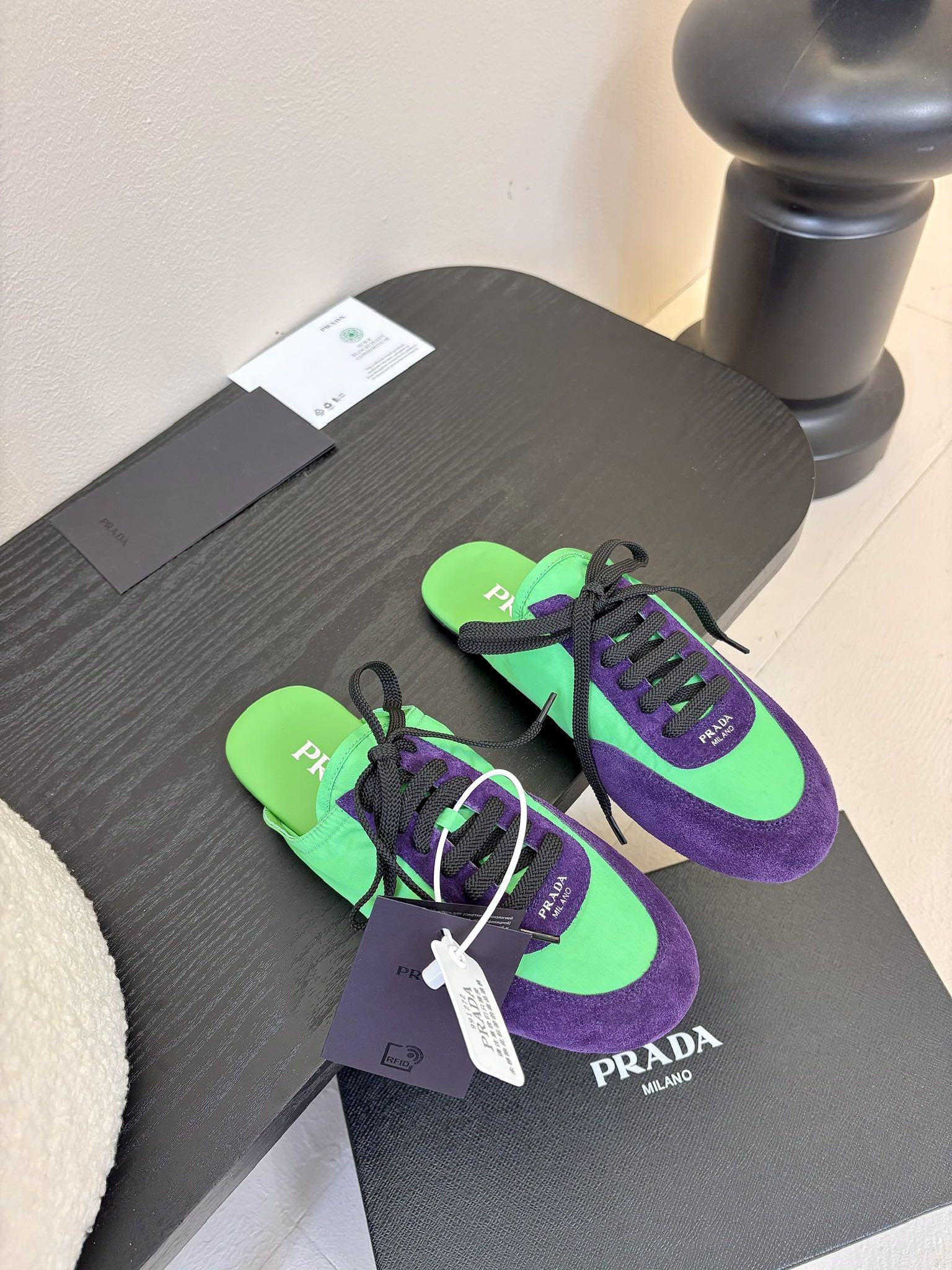 PRADA SNEAKER MULES IN GREEN NYLON AND PURPLE SUEDE