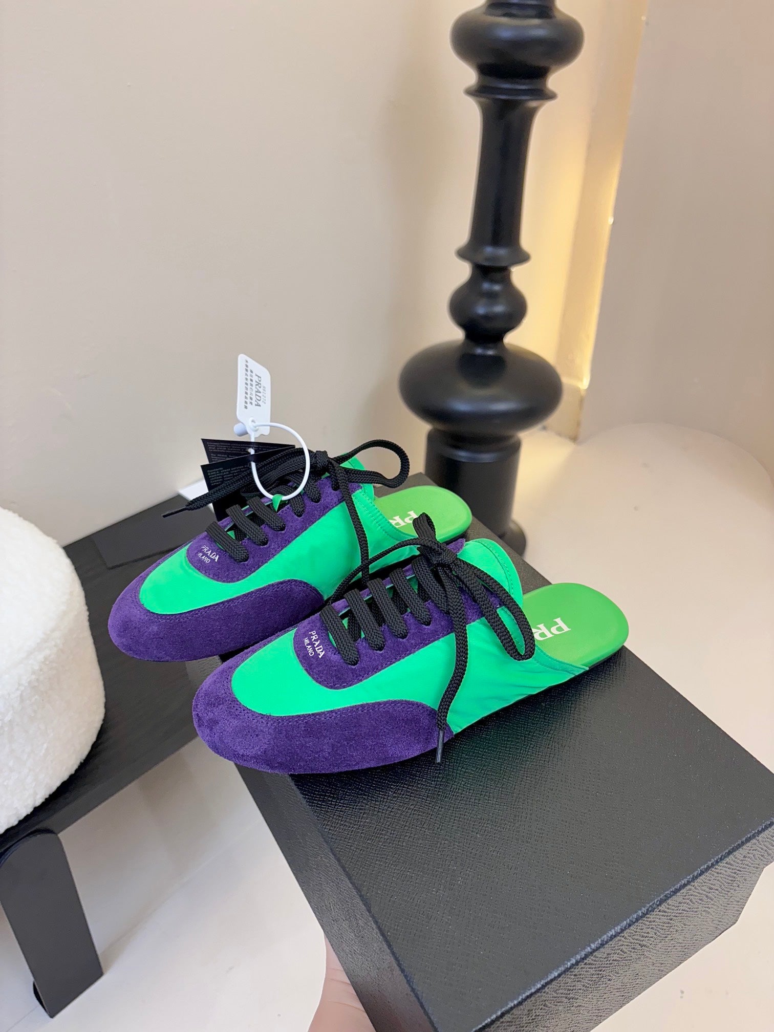 PRADA SNEAKER MULES IN GREEN NYLON AND PURPLE SUEDE