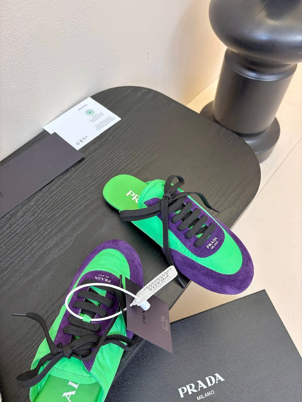 PRADA SNEAKER MULES IN GREEN NYLON AND PURPLE SUEDE