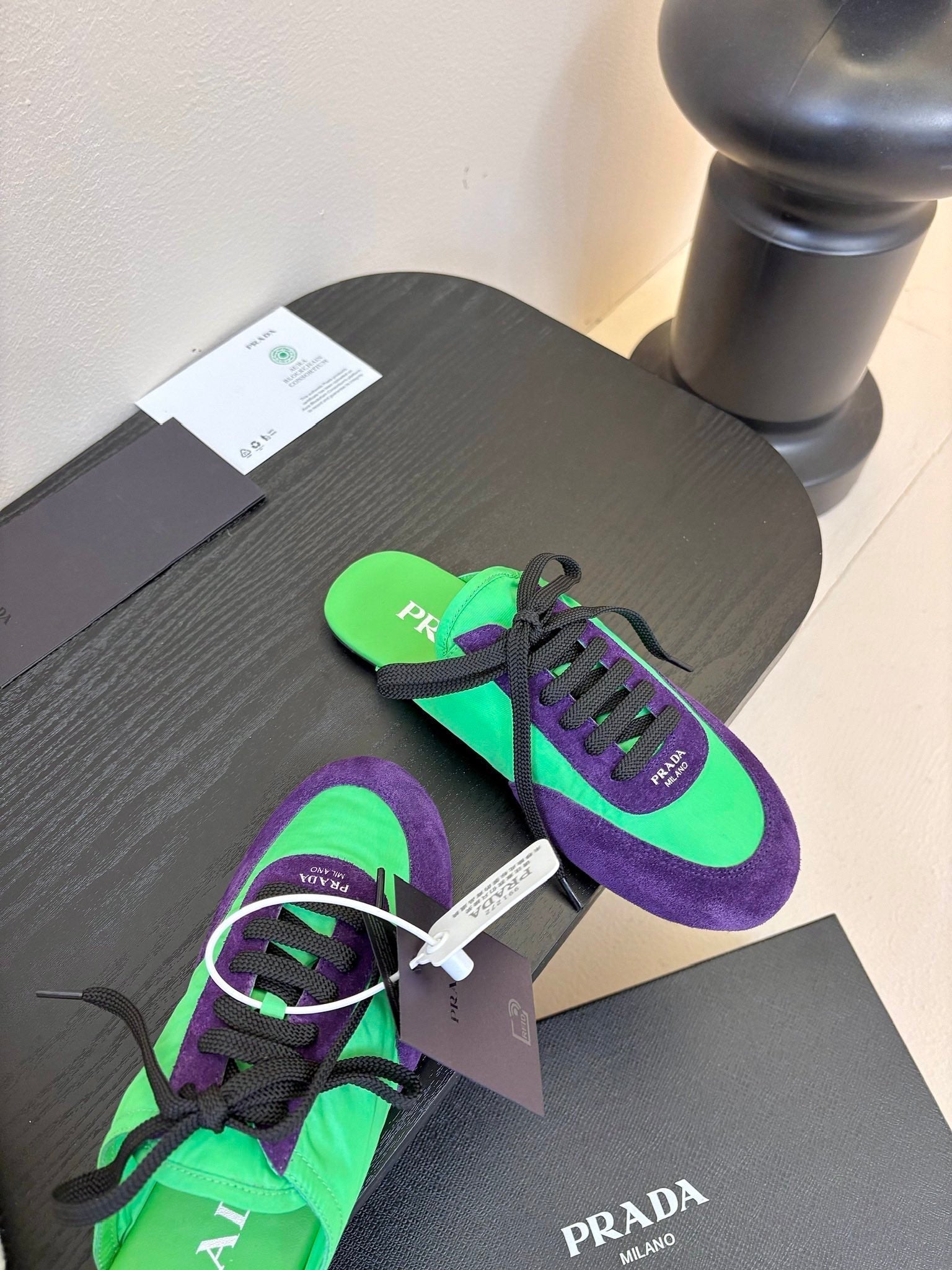 PRADA SNEAKER MULES IN GREEN NYLON AND PURPLE SUEDE