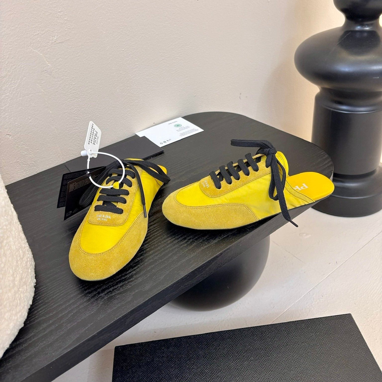 PRADA SNEAKER MULES IN YELLOW NYLON AND SUEDE