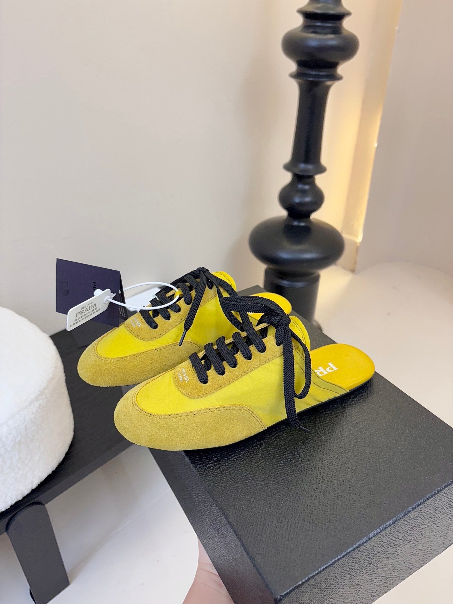 PRADA SNEAKER MULES IN YELLOW NYLON AND SUEDE