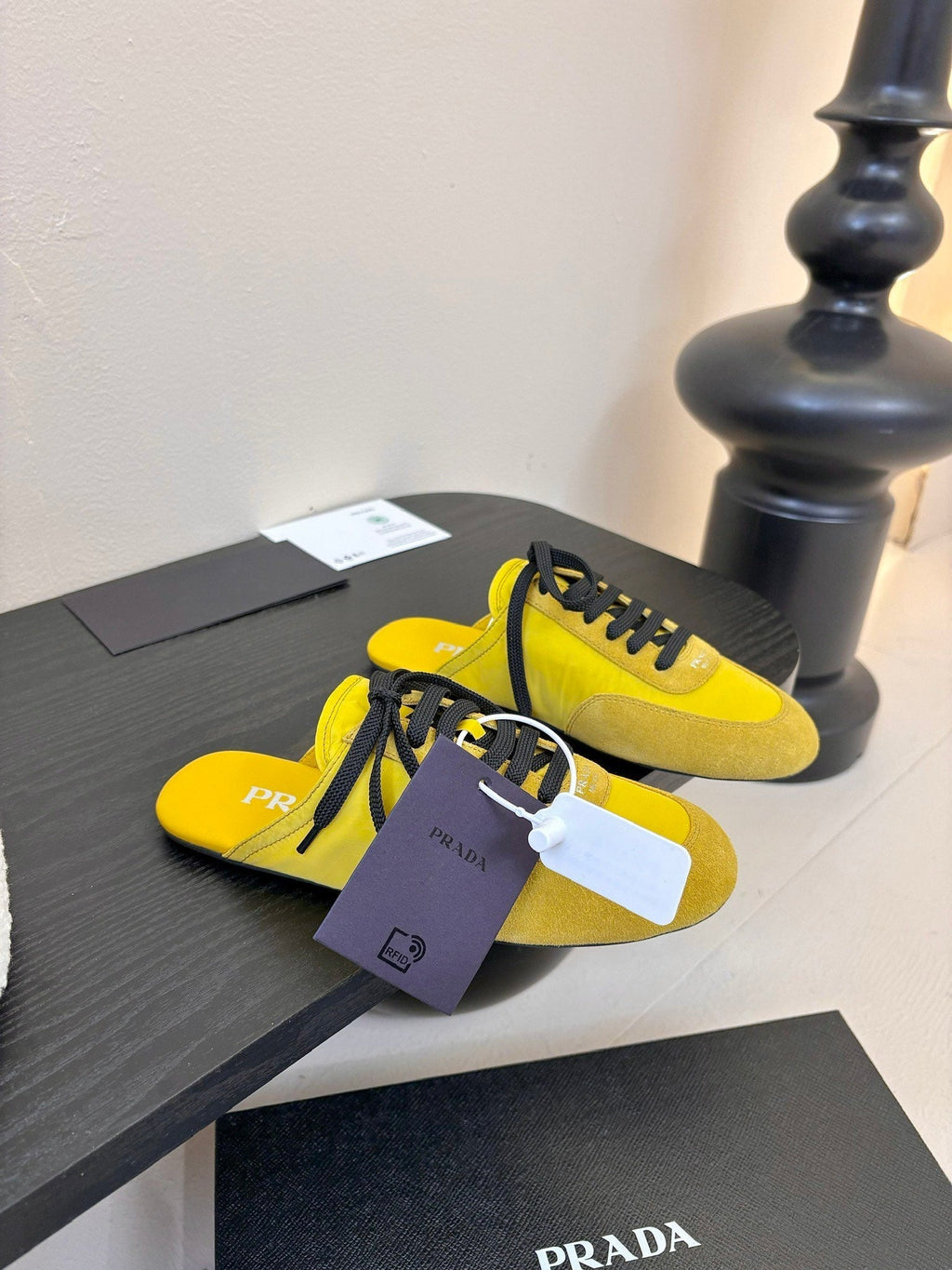 PRADA SNEAKER MULES IN YELLOW NYLON AND SUEDE